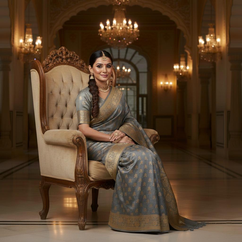 Rich Steel Blue Banarasi Silk Saree with Gold Zari Weaving