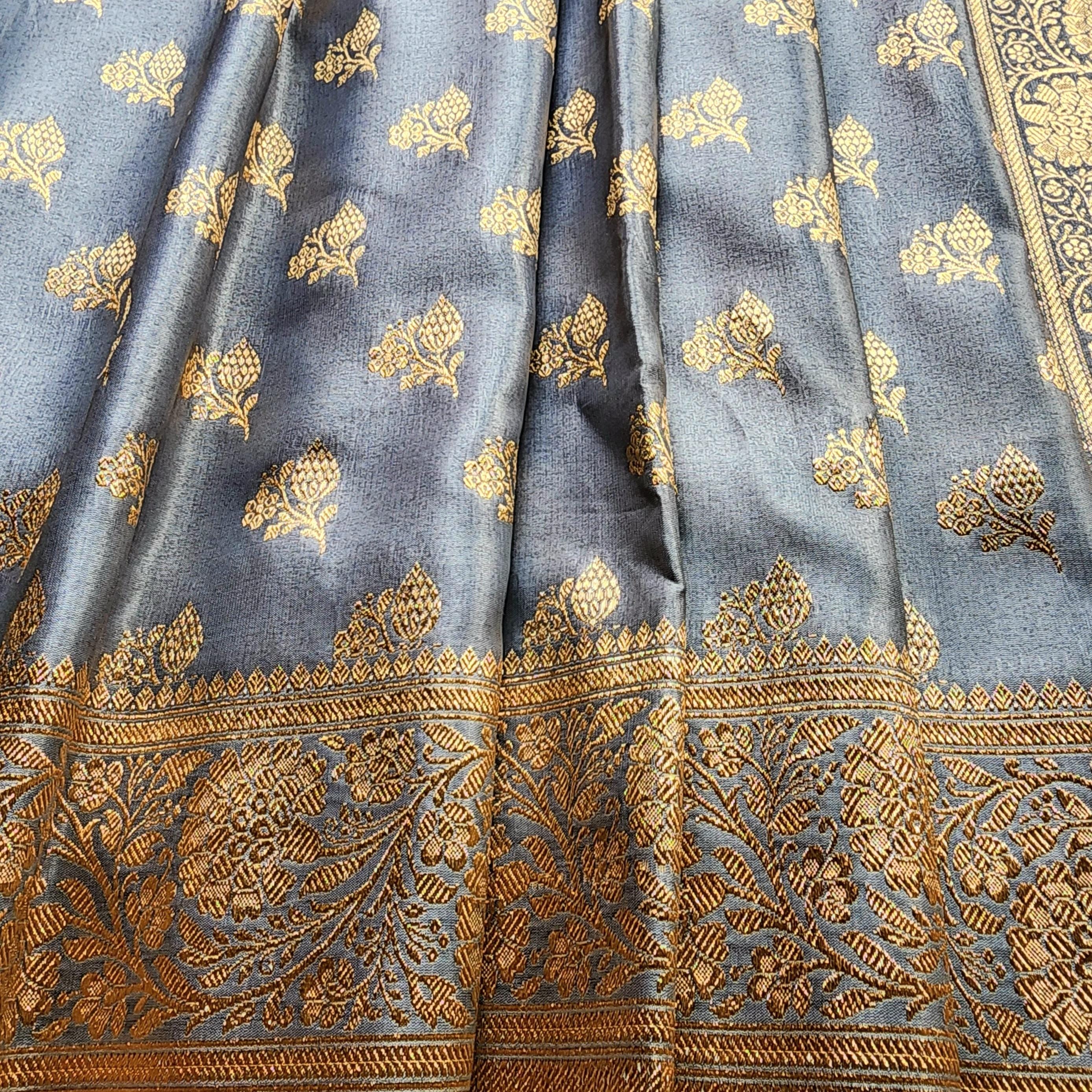 Rich Steel Blue Banarasi Silk Saree with Gold Zari Weaving