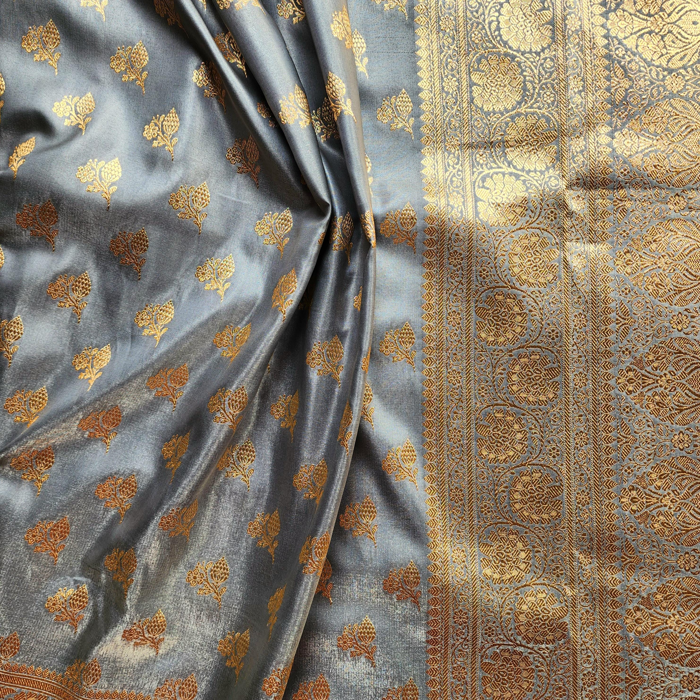 Rich Steel Blue Banarasi Silk Saree with Gold Zari Weaving