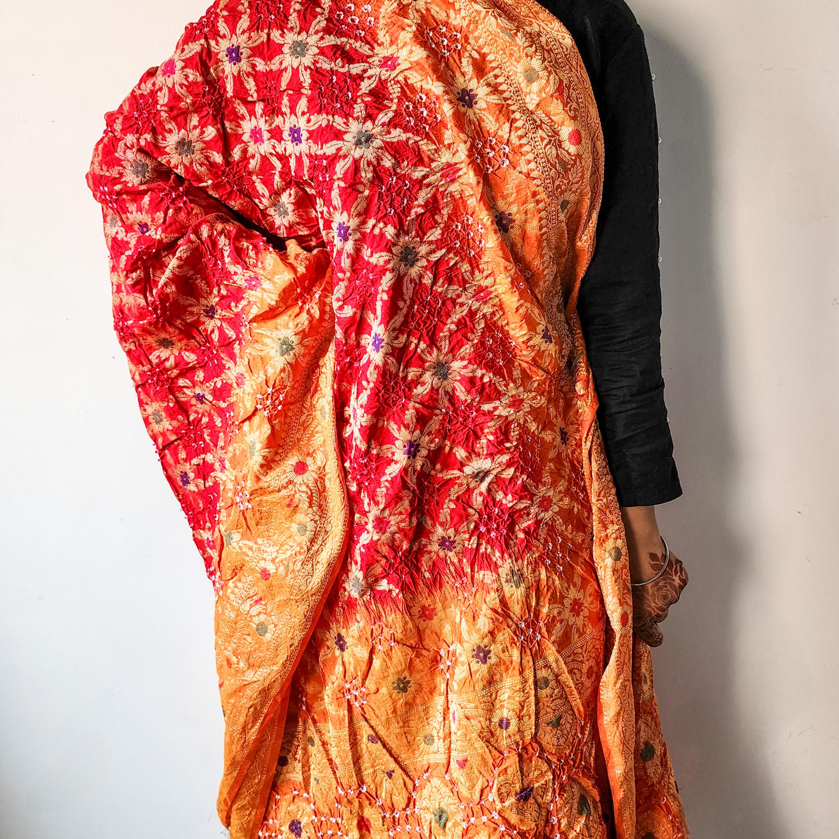 Dual-Tone Maroon-Orange Bandhni Dupatta with Golden Border & Banarasi Meenakari Work