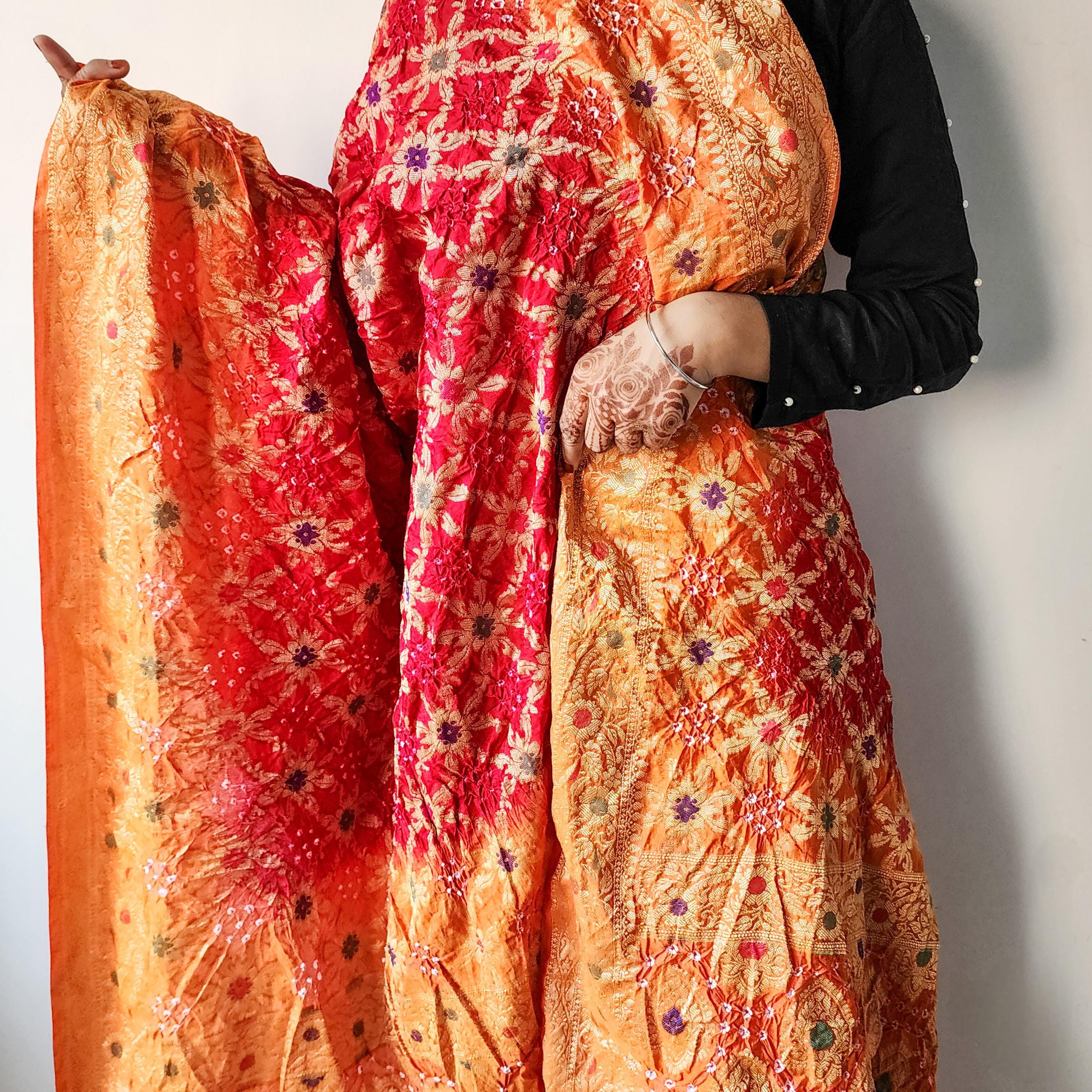 Dual-Tone Maroon-Orange Bandhni Dupatta with Golden Border & Banarasi Meenakari Work