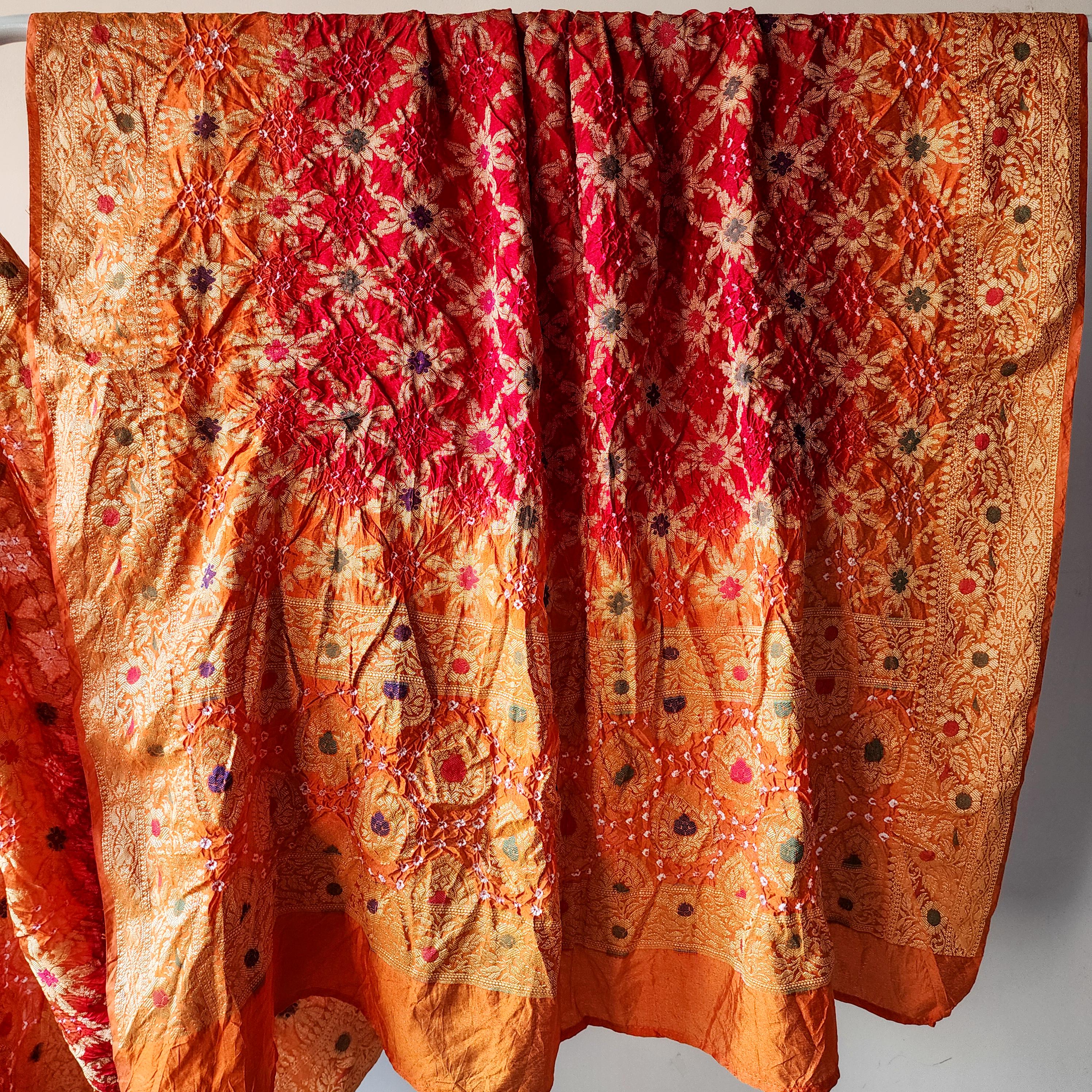 Dual-Tone Maroon-Orange Bandhni Dupatta with Golden Border & Banarasi Meenakari Work