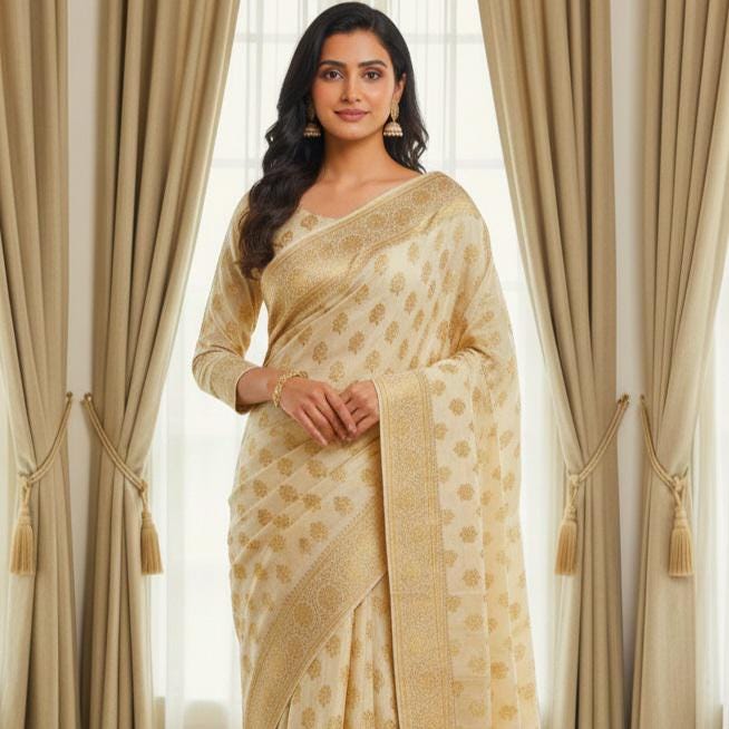 Rich Sand Beige Banarasi Silk Saree with Gold Zari Weaving