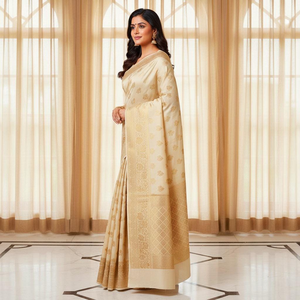 Rich Sand Beige Banarasi Silk Saree with Gold Zari Weaving