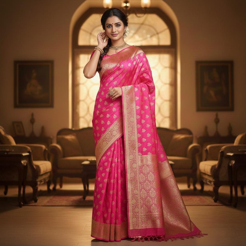 Rich Rani Pink Banarasi Silk Saree with Gold Zari Weaving