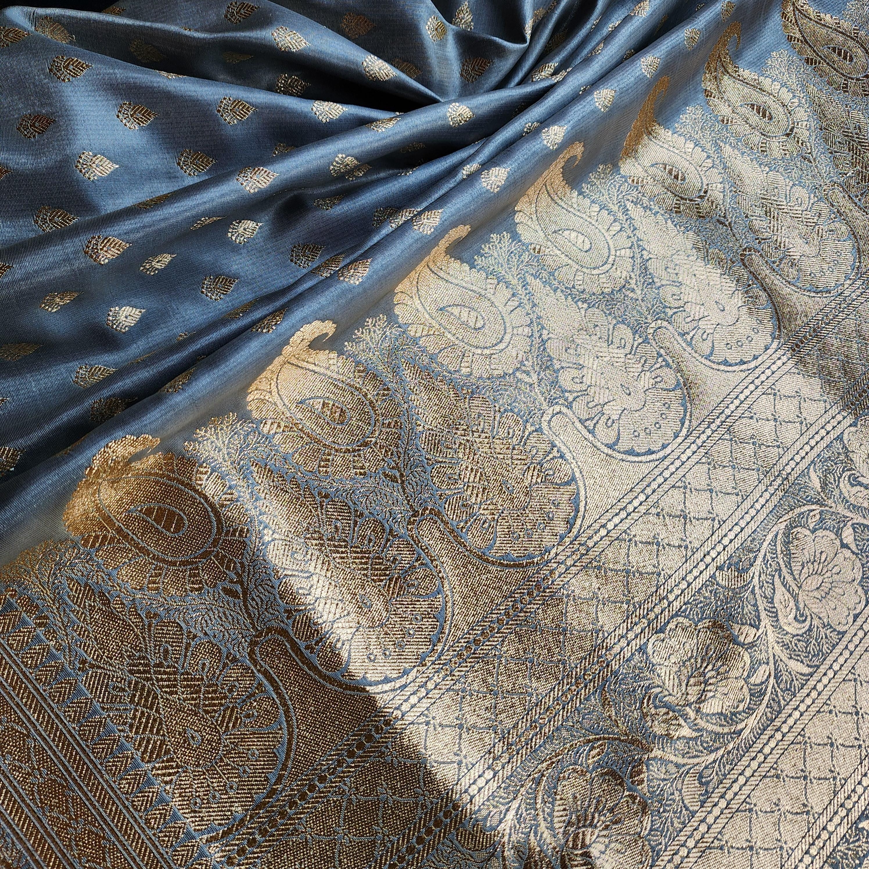 Rich Greyish Blue Banarasi Silk Saree with Gold Zari Weaving