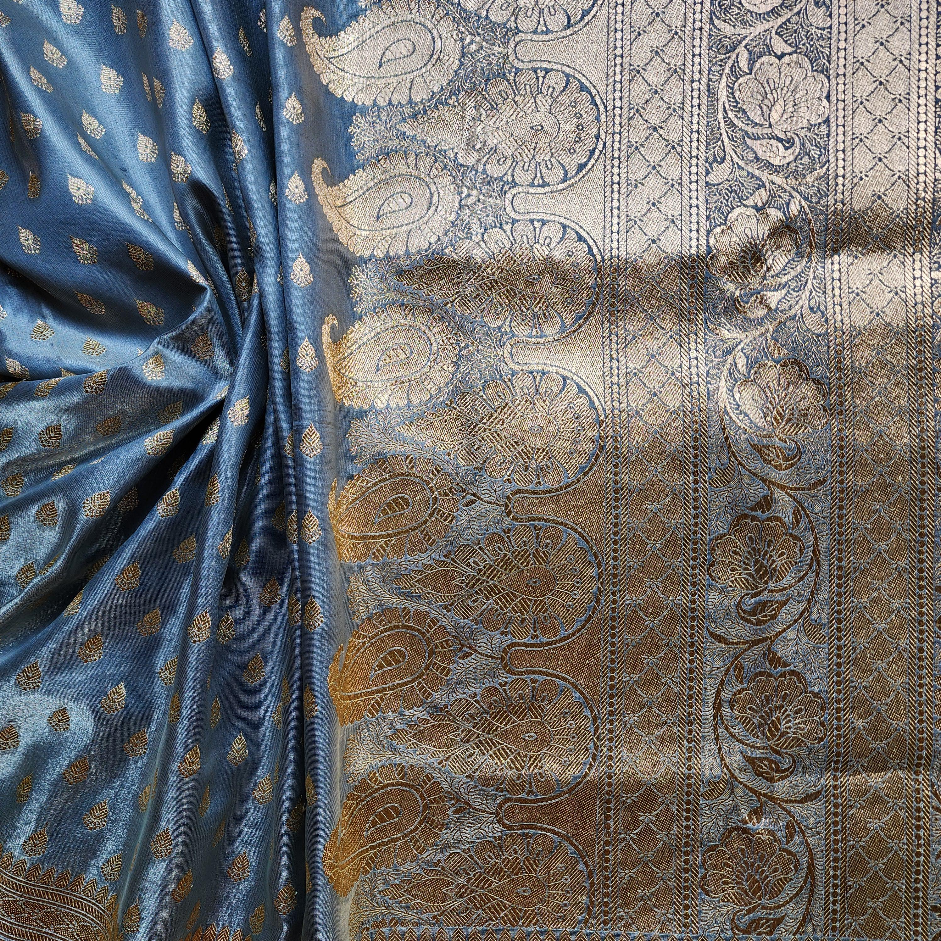 Rich Silver Blue Banarasi Silk Saree with Gold Zari Weaving