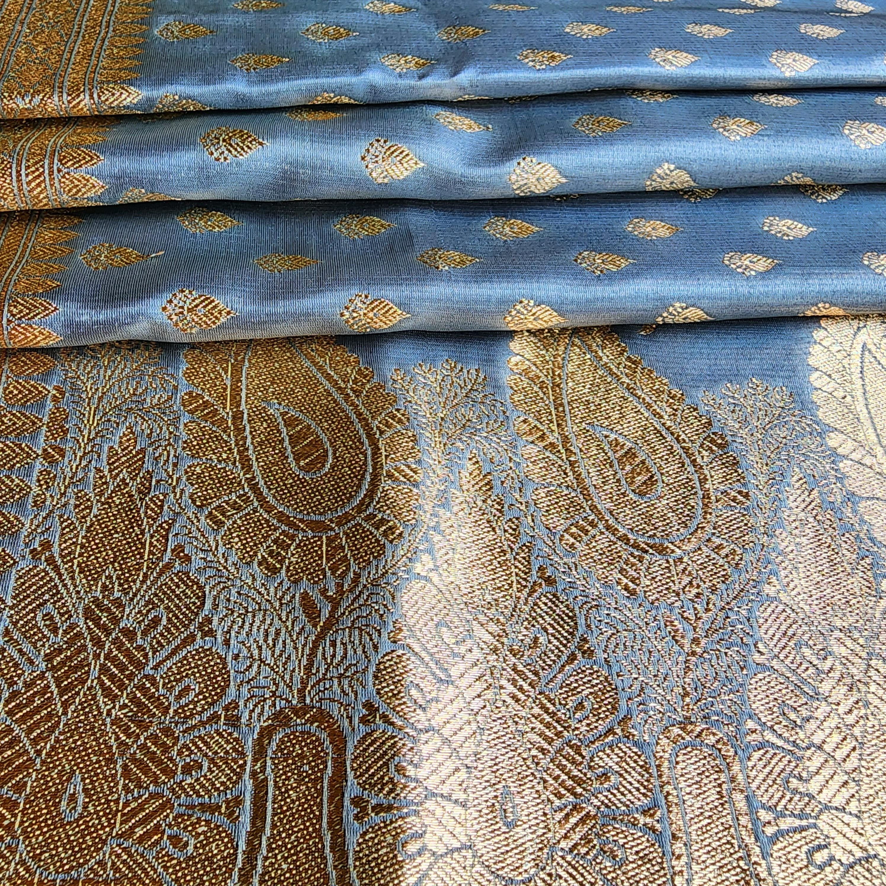 Rich Silver Blue Banarasi Silk Saree with Gold Zari Weaving