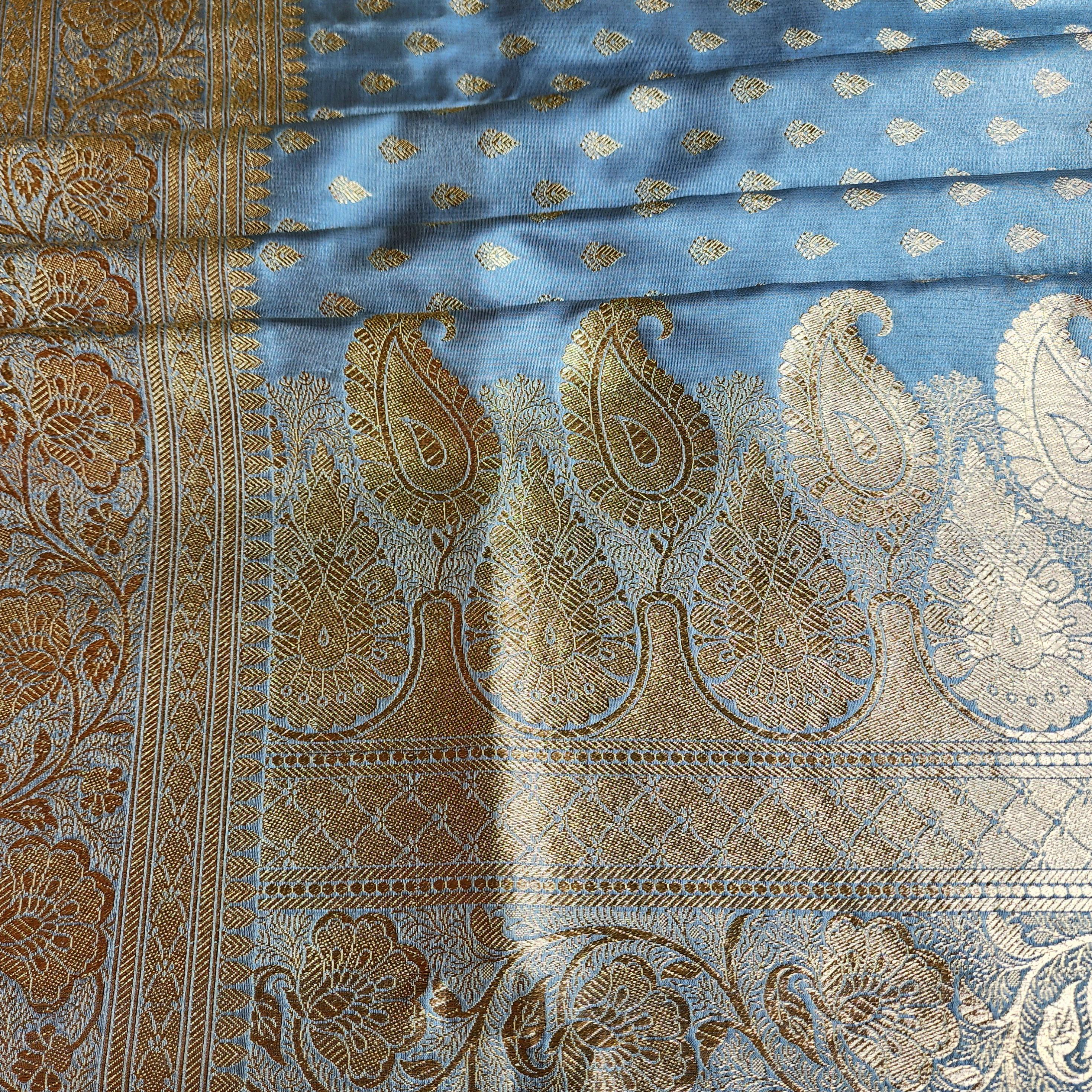 Rich Silver Blue Banarasi Silk Saree with Gold Zari Weaving
