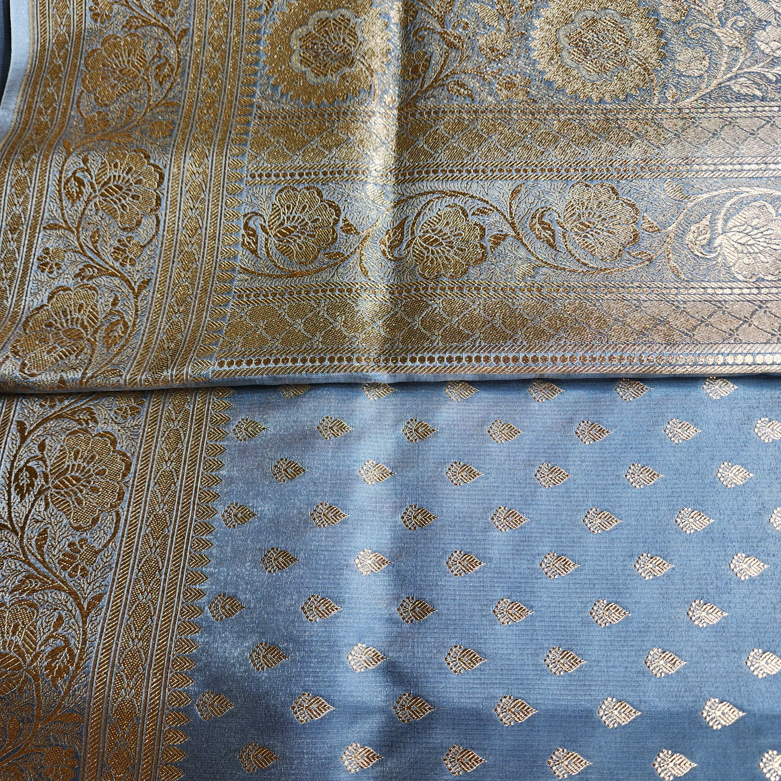 Rich Silver Blue Banarasi Silk Saree with Gold Zari Weaving
