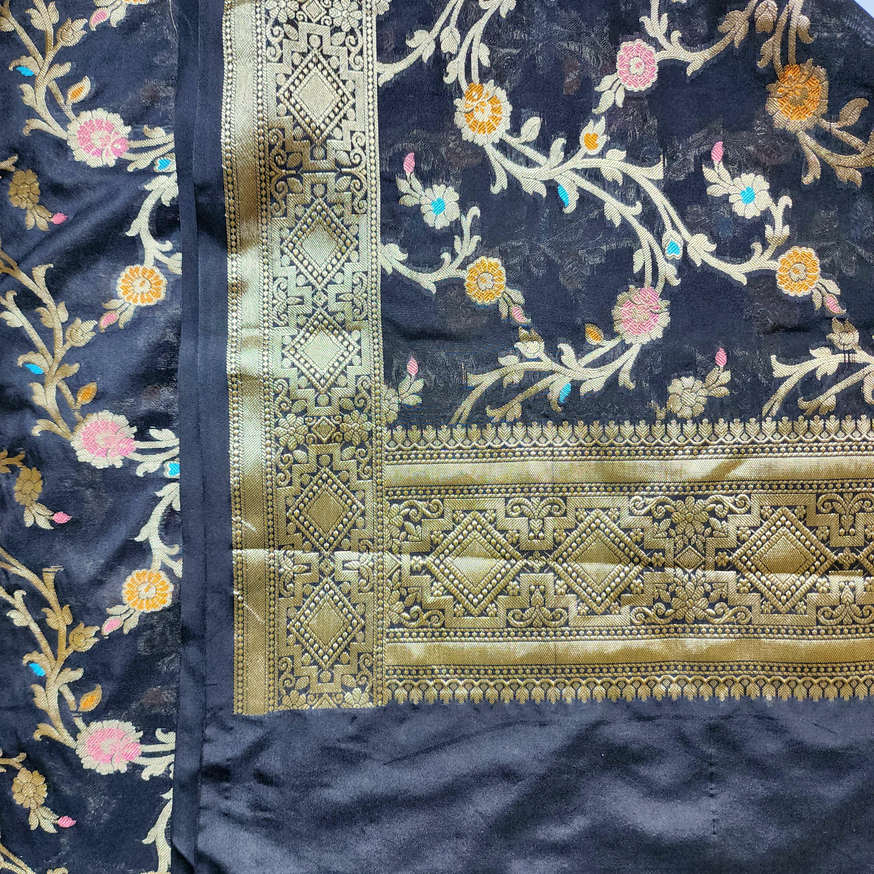 Black Banarasi Silk Dupatta with Gold Zari Border