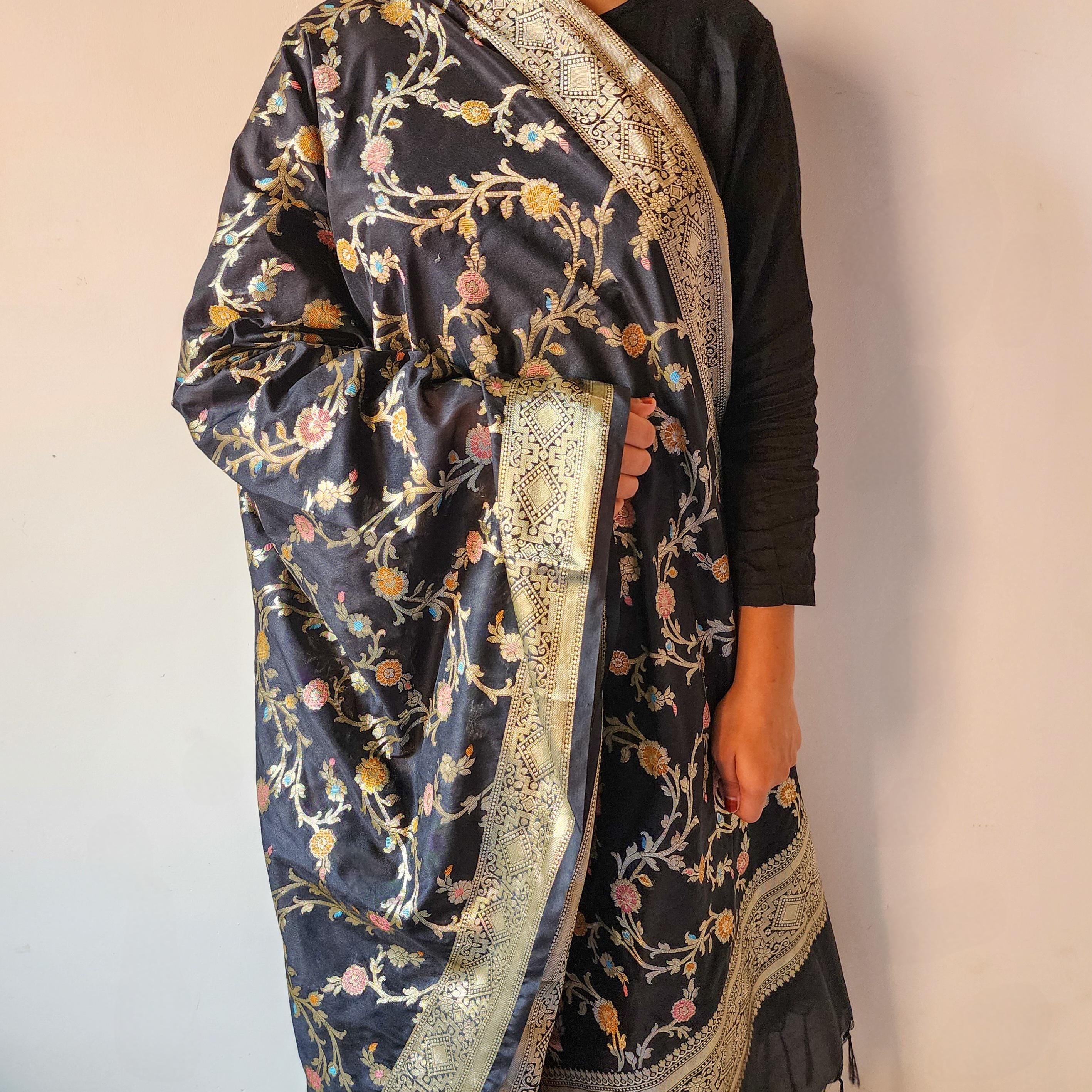 Black Banarasi Silk Dupatta with Gold Zari Border