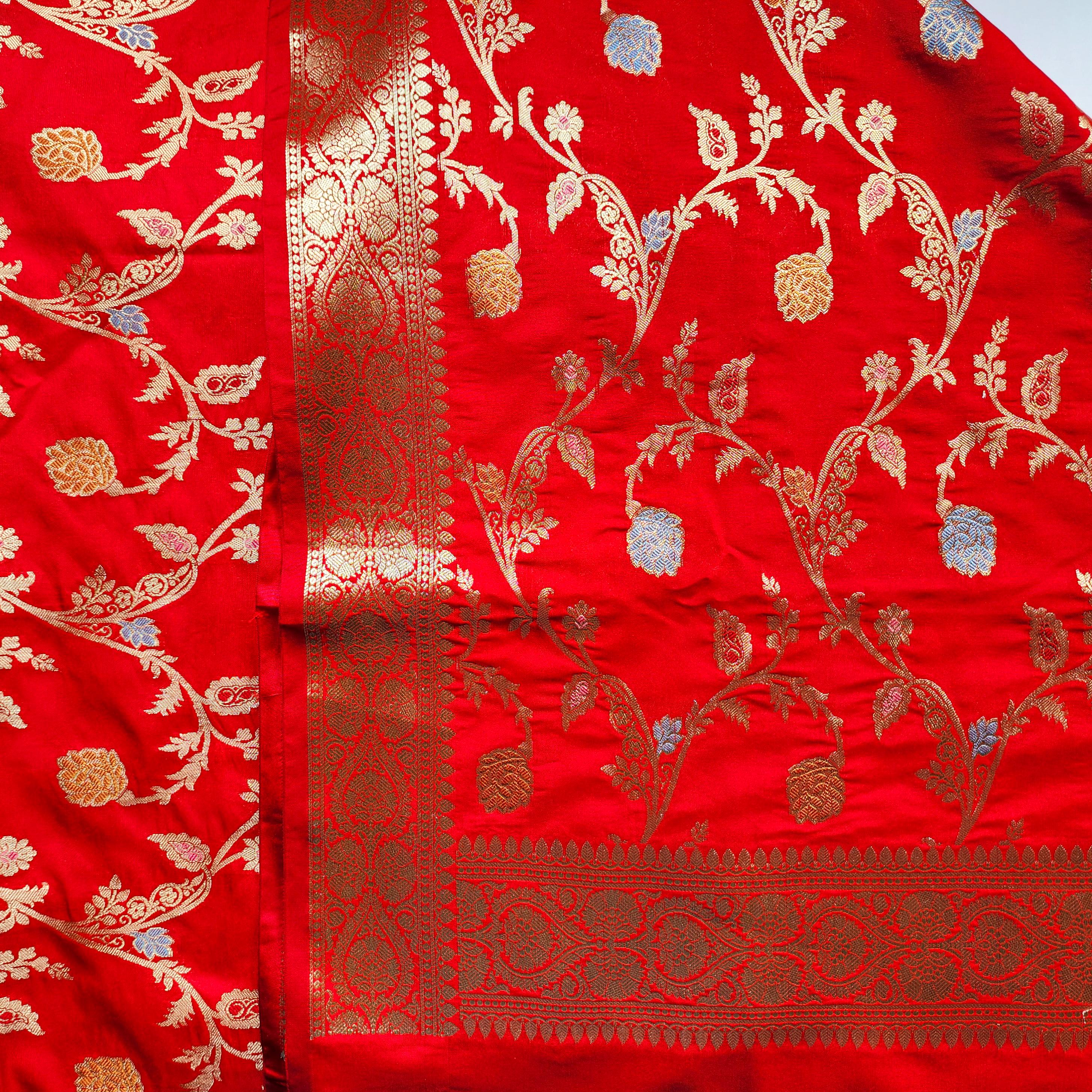 Bright Red Banarasi Silk Dupatta with Multicolor Meenakari and Festive Zari Work