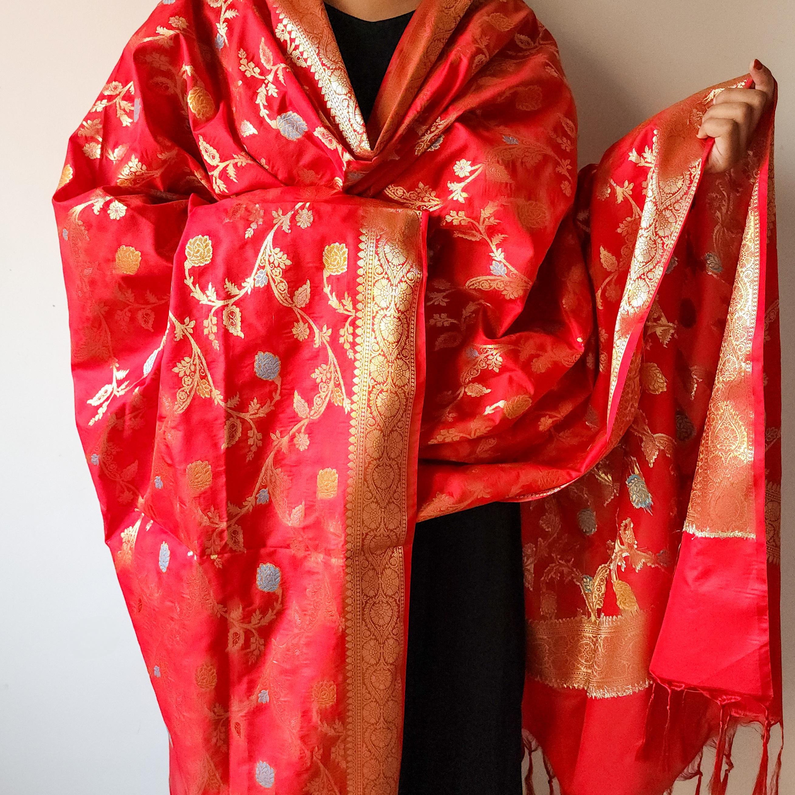 Bright Red Banarasi Silk Dupatta with Multicolor Meenakari and Festive Zari Work