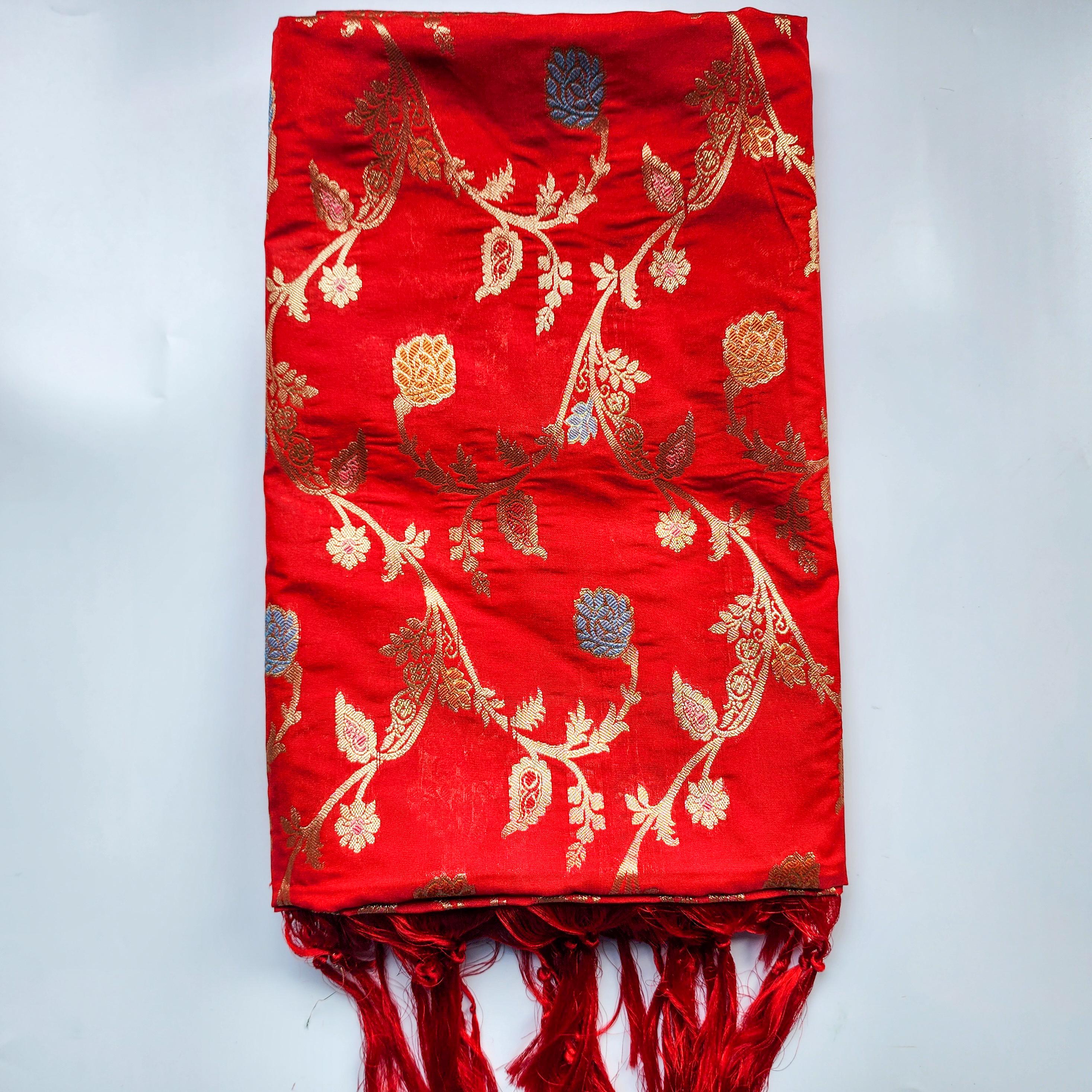 Bright Red Banarasi Silk Dupatta with Multicolor Meenakari and Festive Zari Work