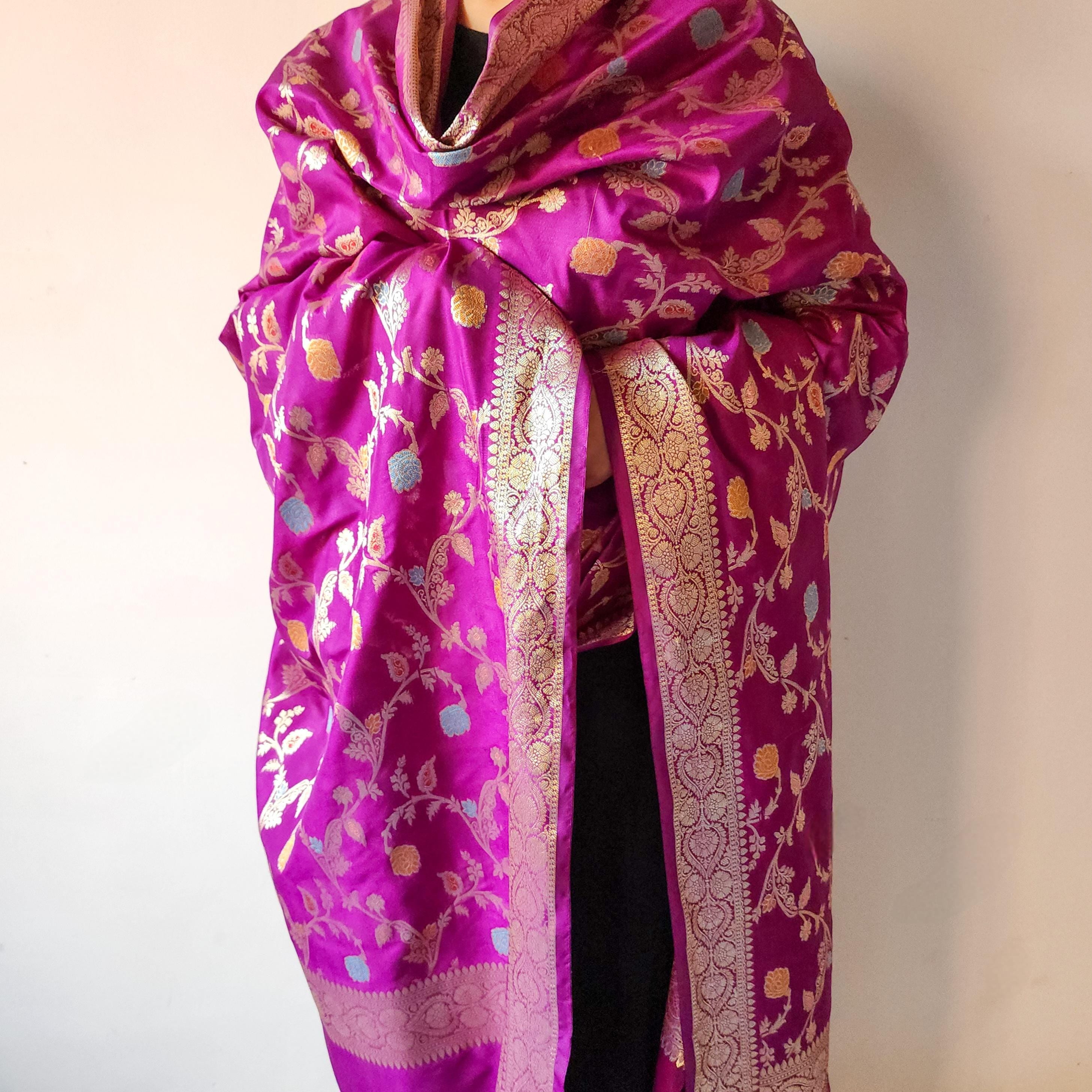 Purple Banarasi Silk Dupatta with Gold Zari Border & Multicolor Meenakari Work