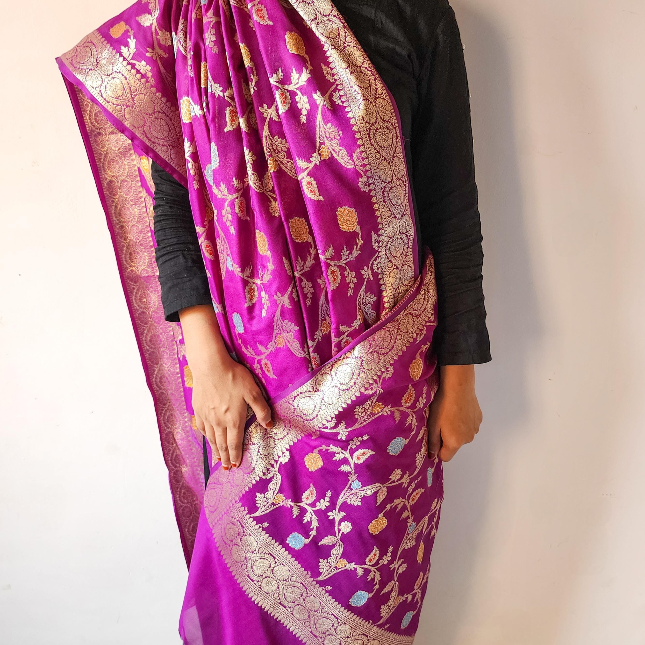 Purple Banarasi Silk Dupatta with Gold Zari Border & Multicolor Meenakari Work