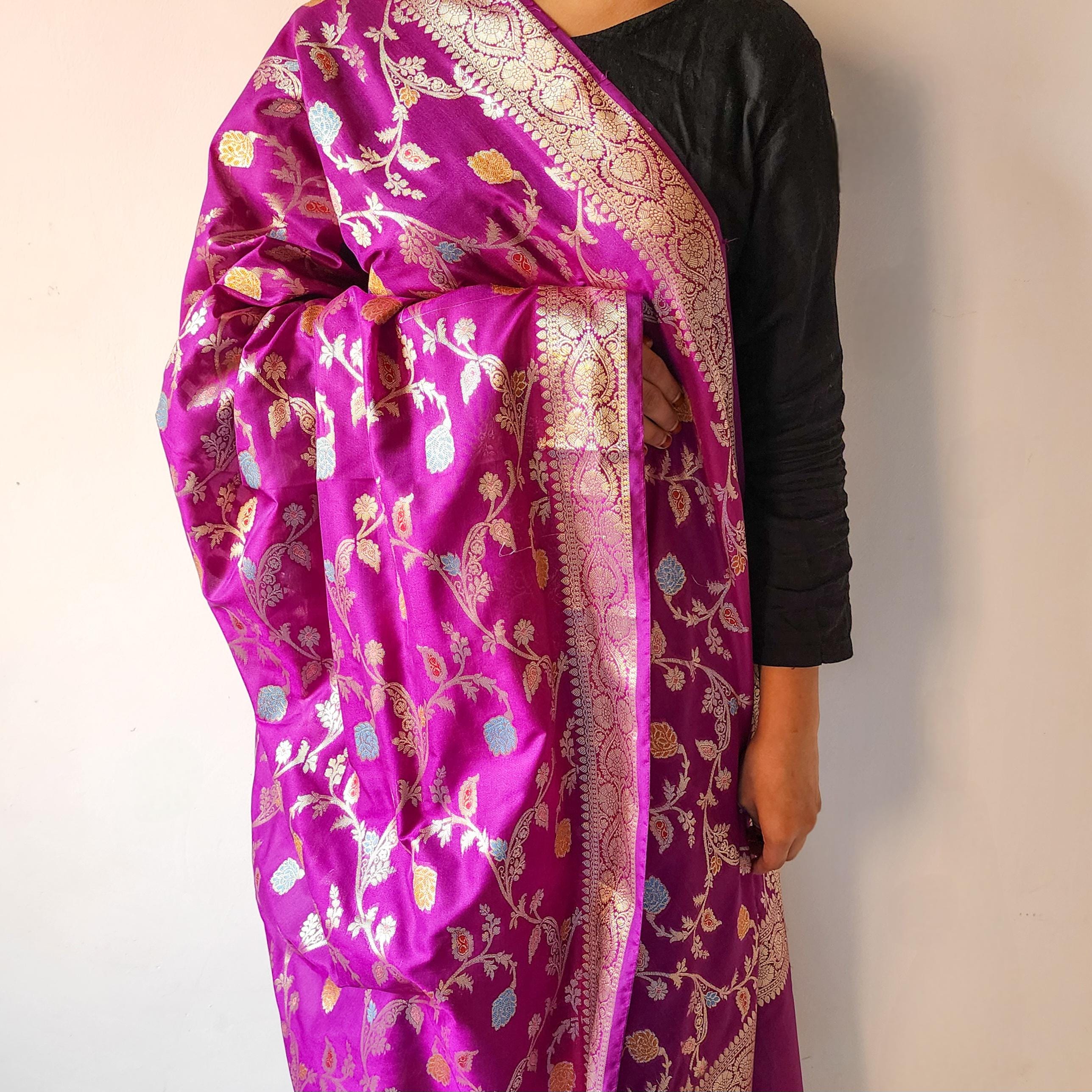 Purple Banarasi Silk Dupatta with Gold Zari Border & Multicolor Meenakari Work