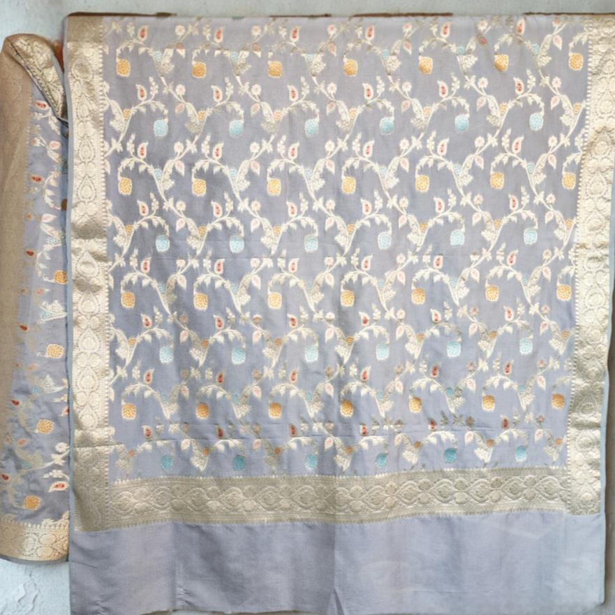 Greyish Sky Blue Banarasi Silk Dupatta with Gold Zari Border & Multicolor Meenakari Work