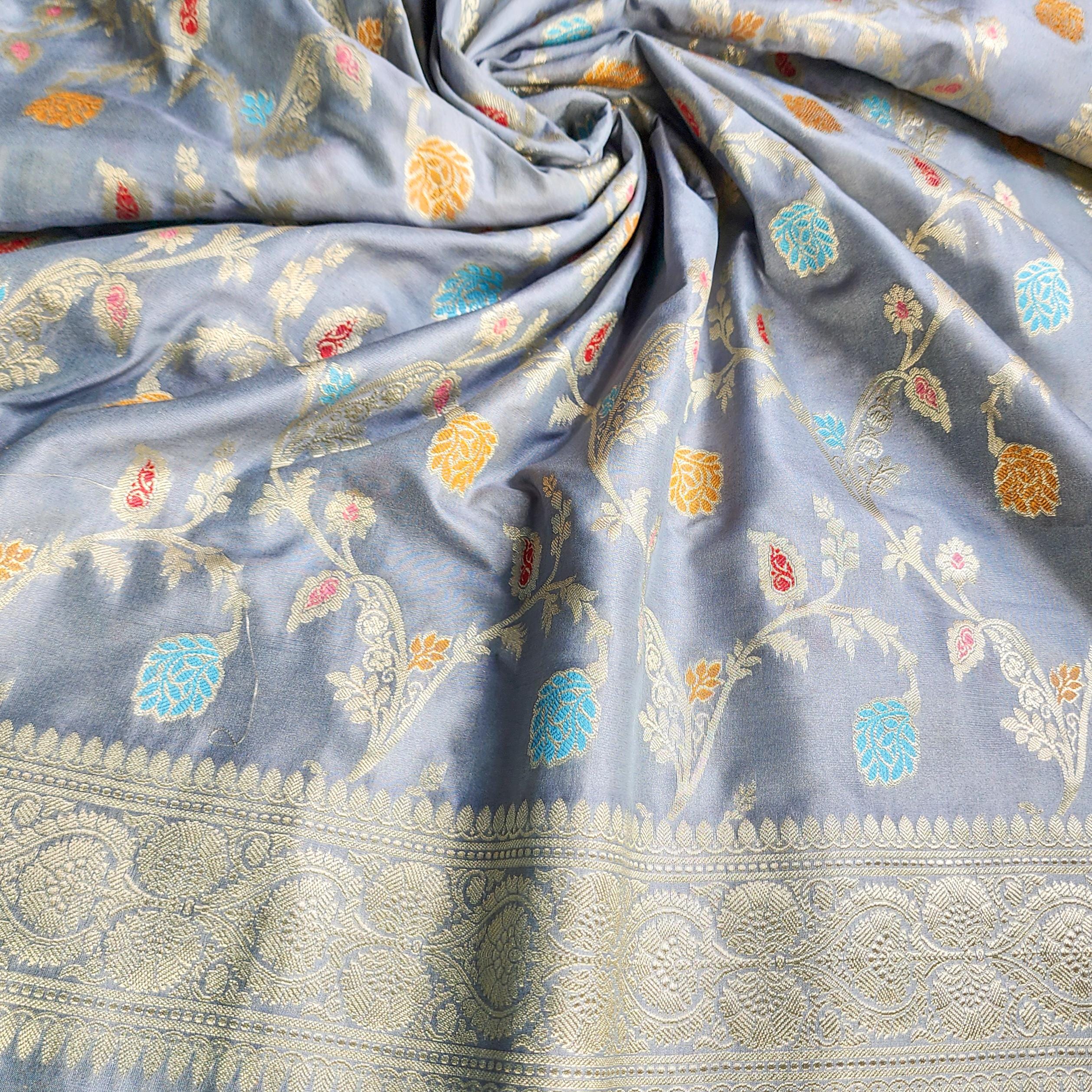 Greyish Sky Blue Banarasi Silk Dupatta with Gold Zari Border & Multicolor Meenakari Work