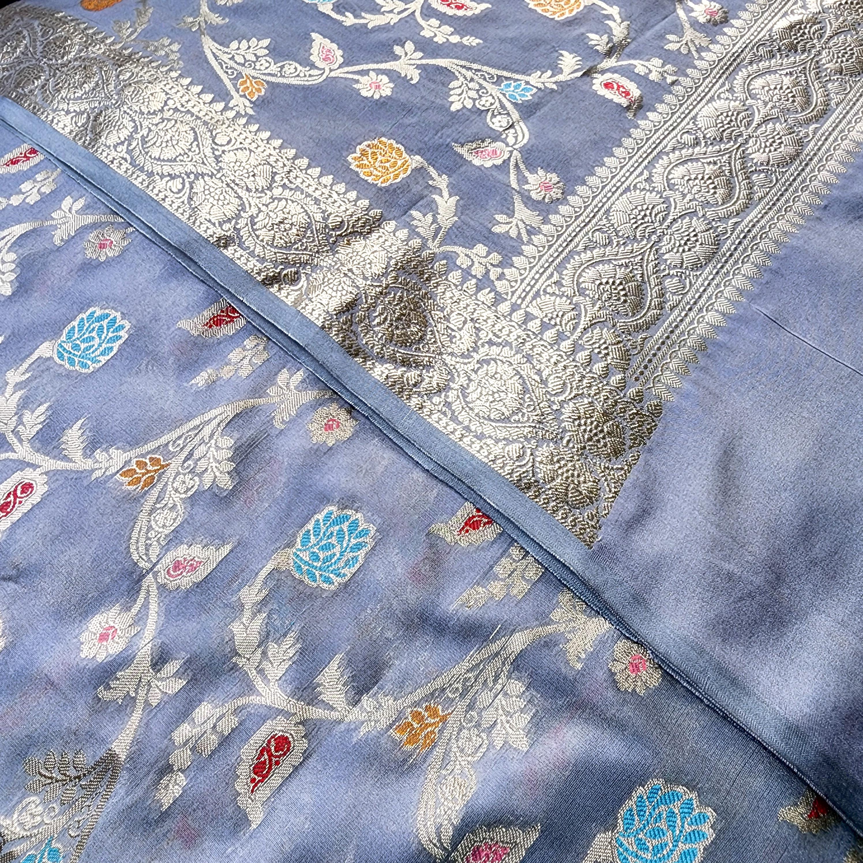 Greyish Sky Blue Banarasi Silk Dupatta with Gold Zari Border & Multicolor Meenakari Work