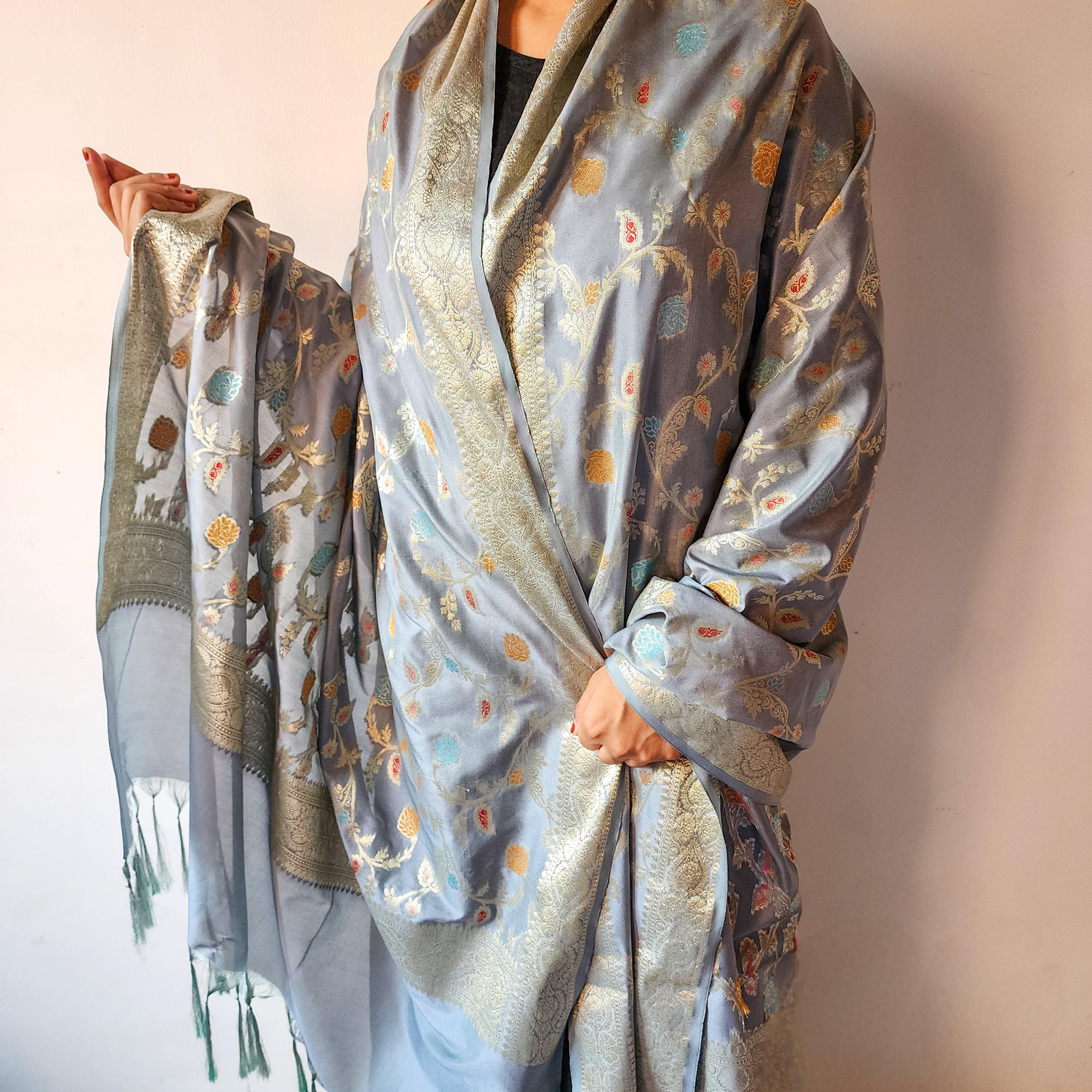 Sky Blue Banarasi Silk Dupatta with Multicolor Meenakari and Traditional Zari Weave