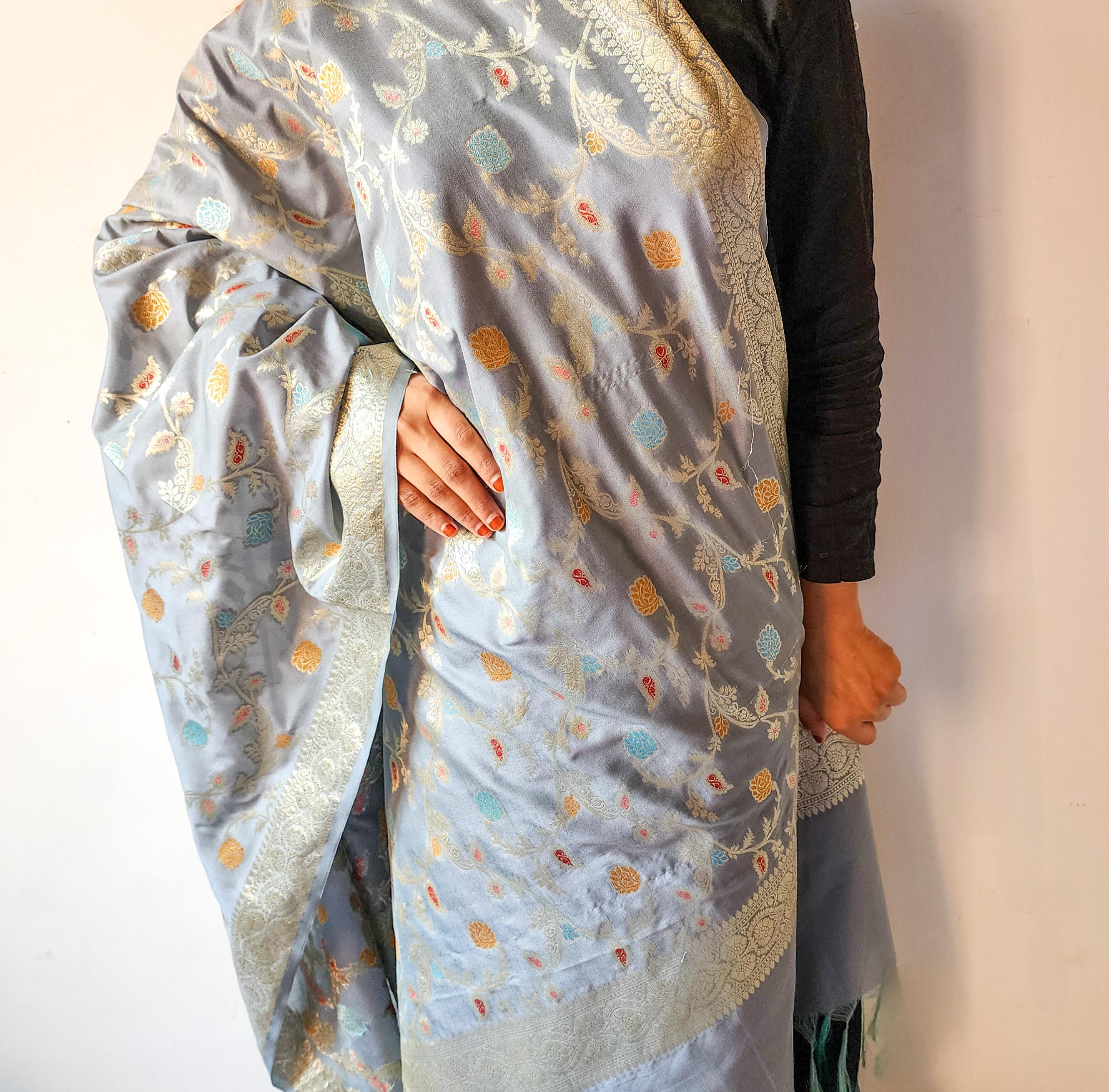 Greyish Sky Blue Banarasi Silk Dupatta with Gold Zari Border & Multicolor Meenakari Work