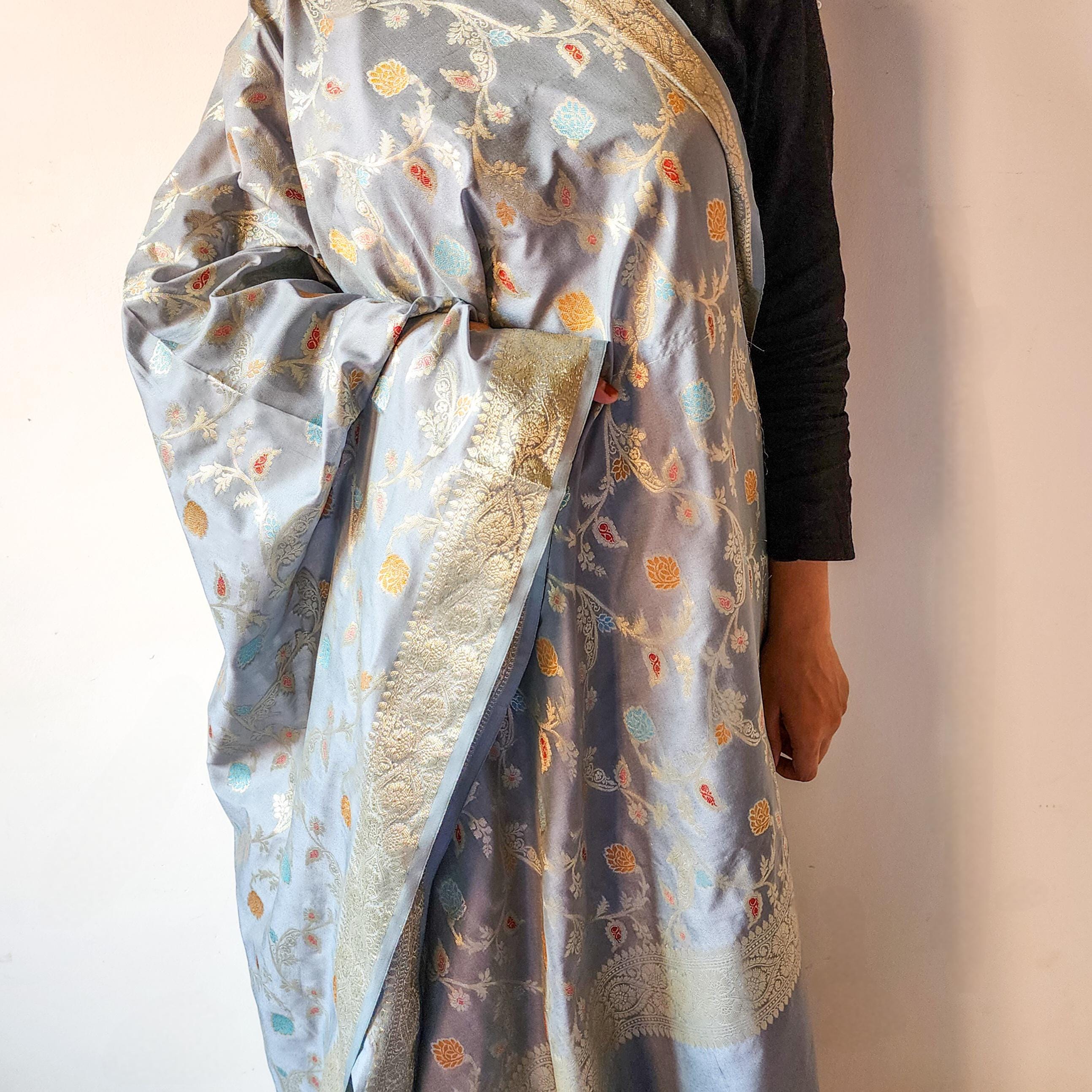 Greyish Sky Blue Banarasi Silk Dupatta with Gold Zari Border & Multicolor Meenakari Work