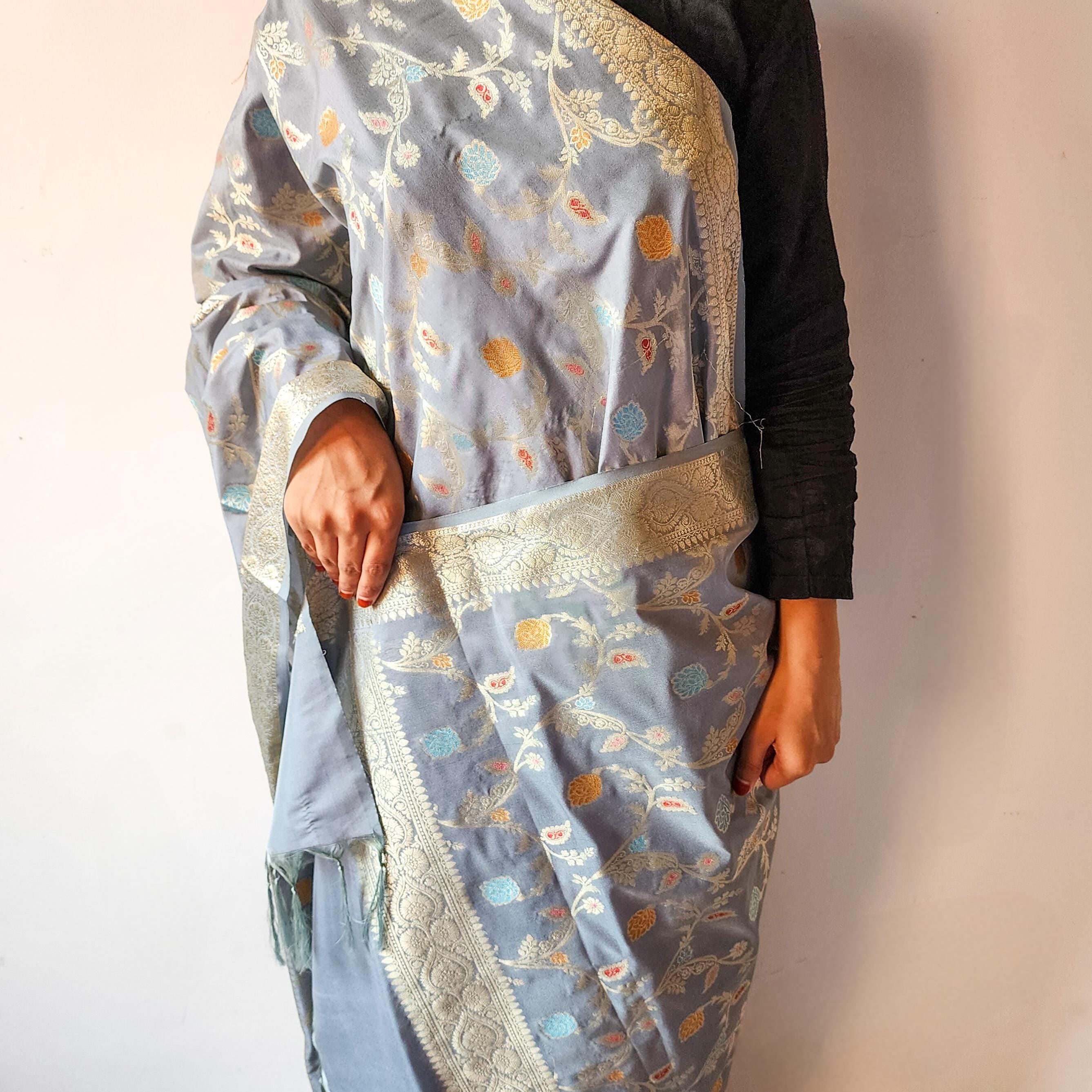 Greyish Sky Blue Banarasi Silk Dupatta with Gold Zari Border & Multicolor Meenakari Work