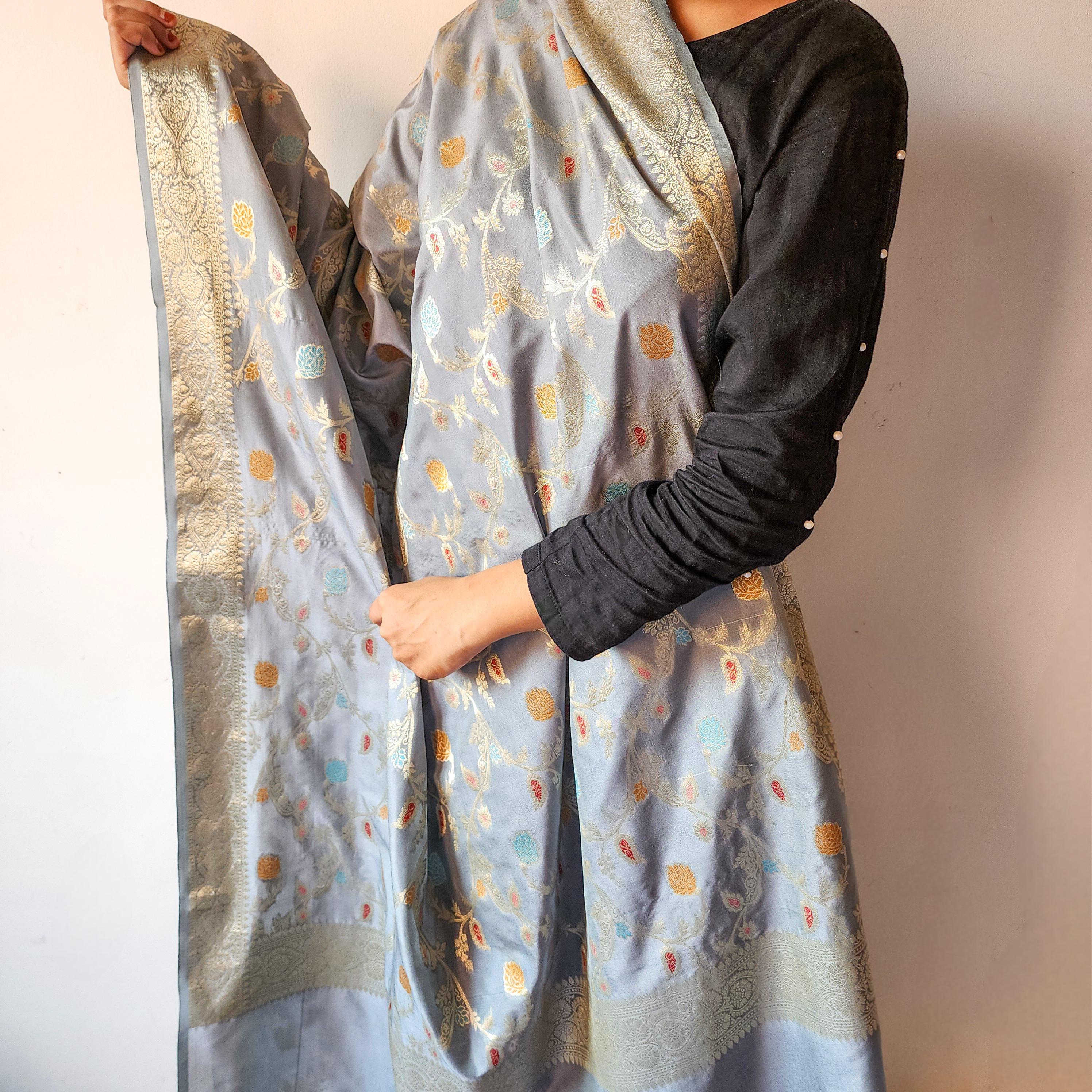 Greyish Sky Blue Banarasi Silk Dupatta with Gold Zari Border & Multicolor Meenakari Work