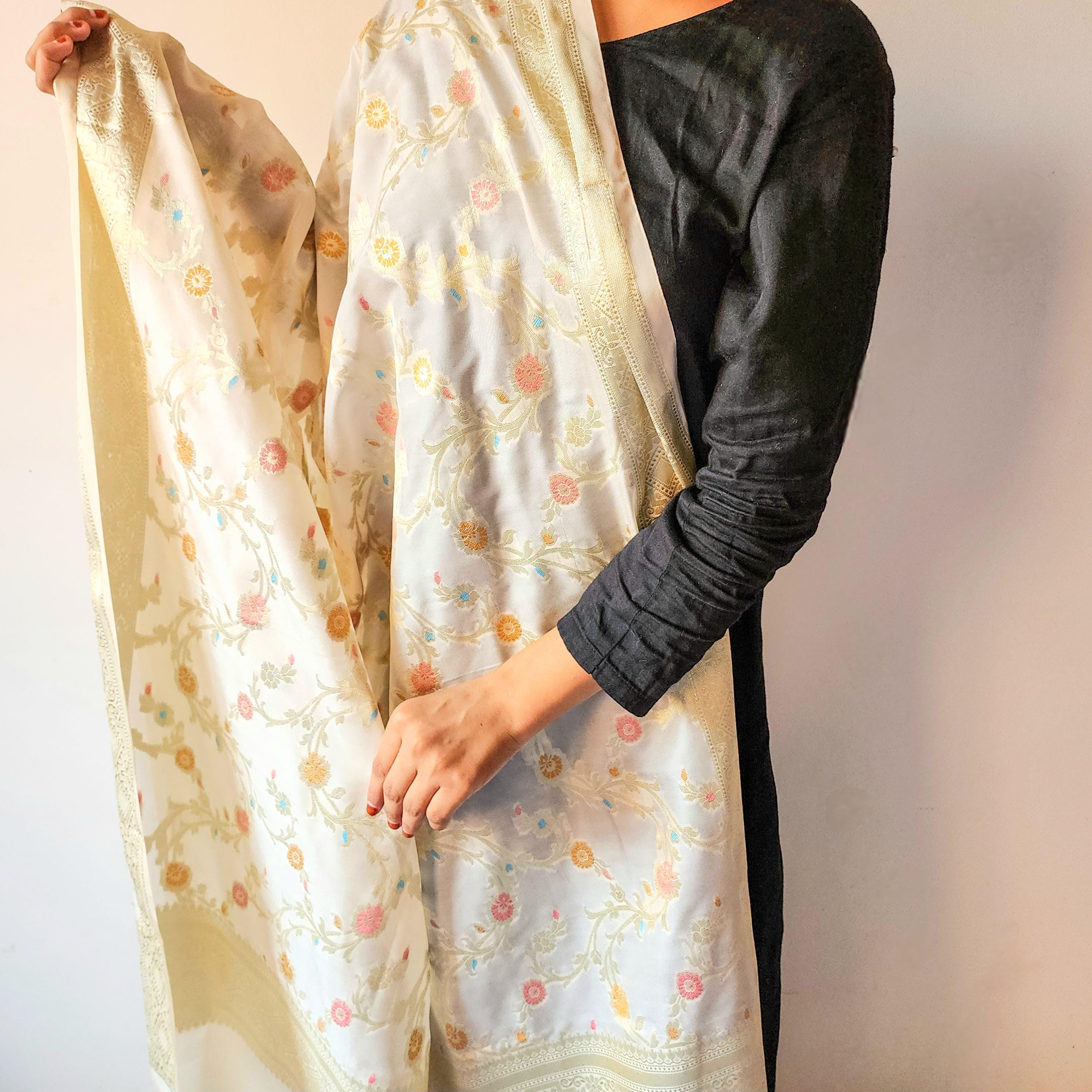 Cream Banarasi Silk Dupatta with Rich Gold Zari Border and Multicolor Meenakari