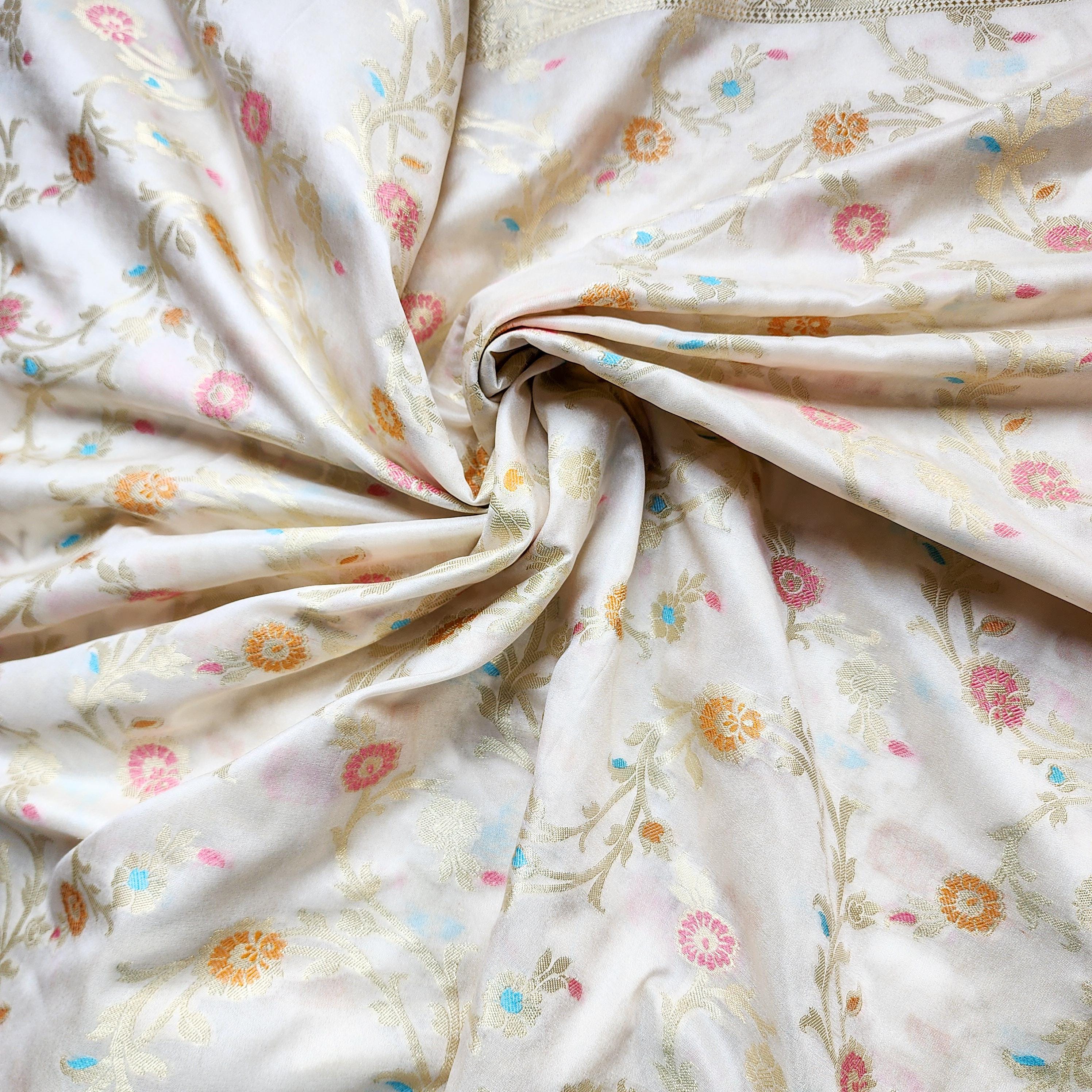 Cream Banarasi Silk Dupatta with Rich Gold Zari Border and Multicolor Meenakari