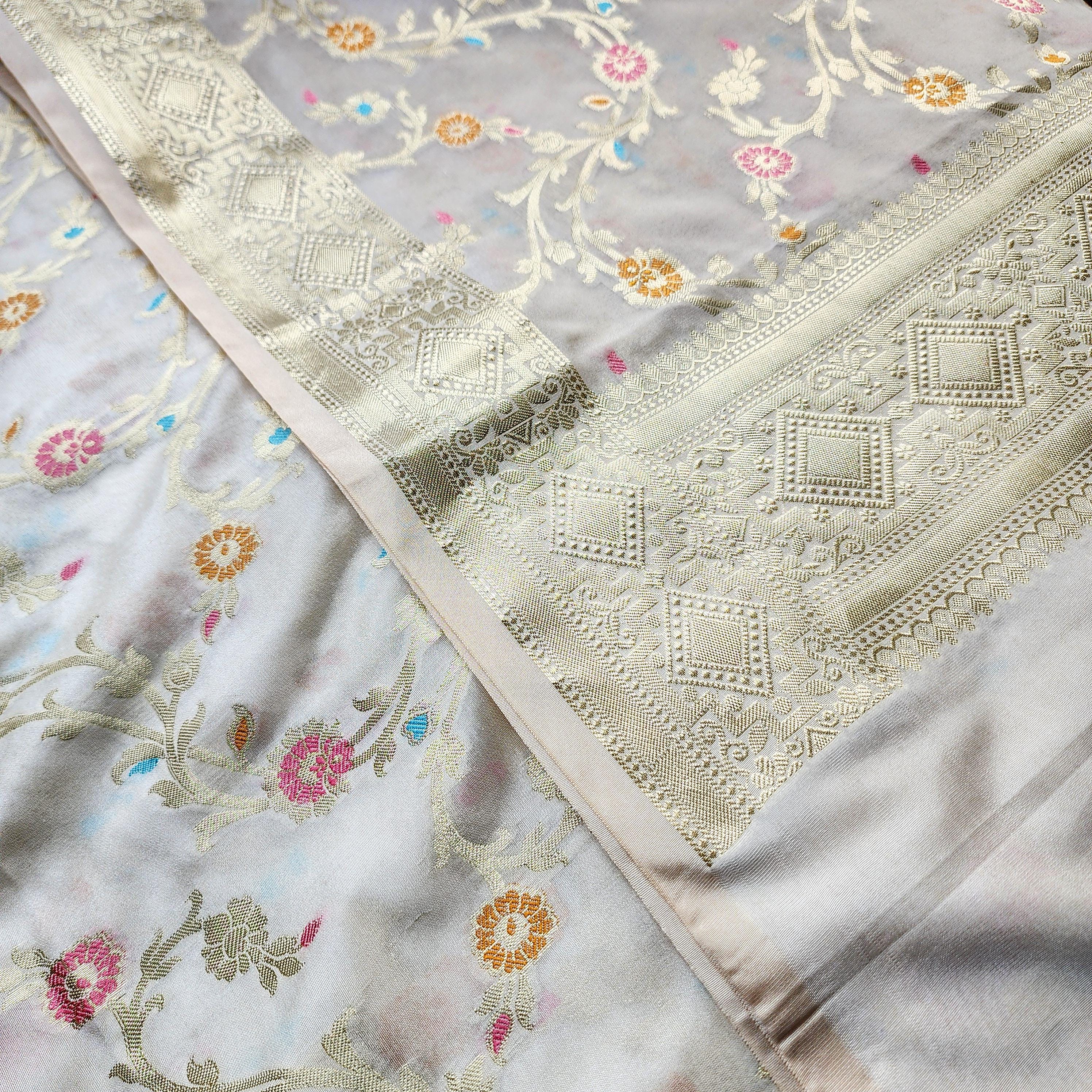 Cream Banarasi Silk Dupatta with Rich Gold Zari Border and Multicolor Meenakari