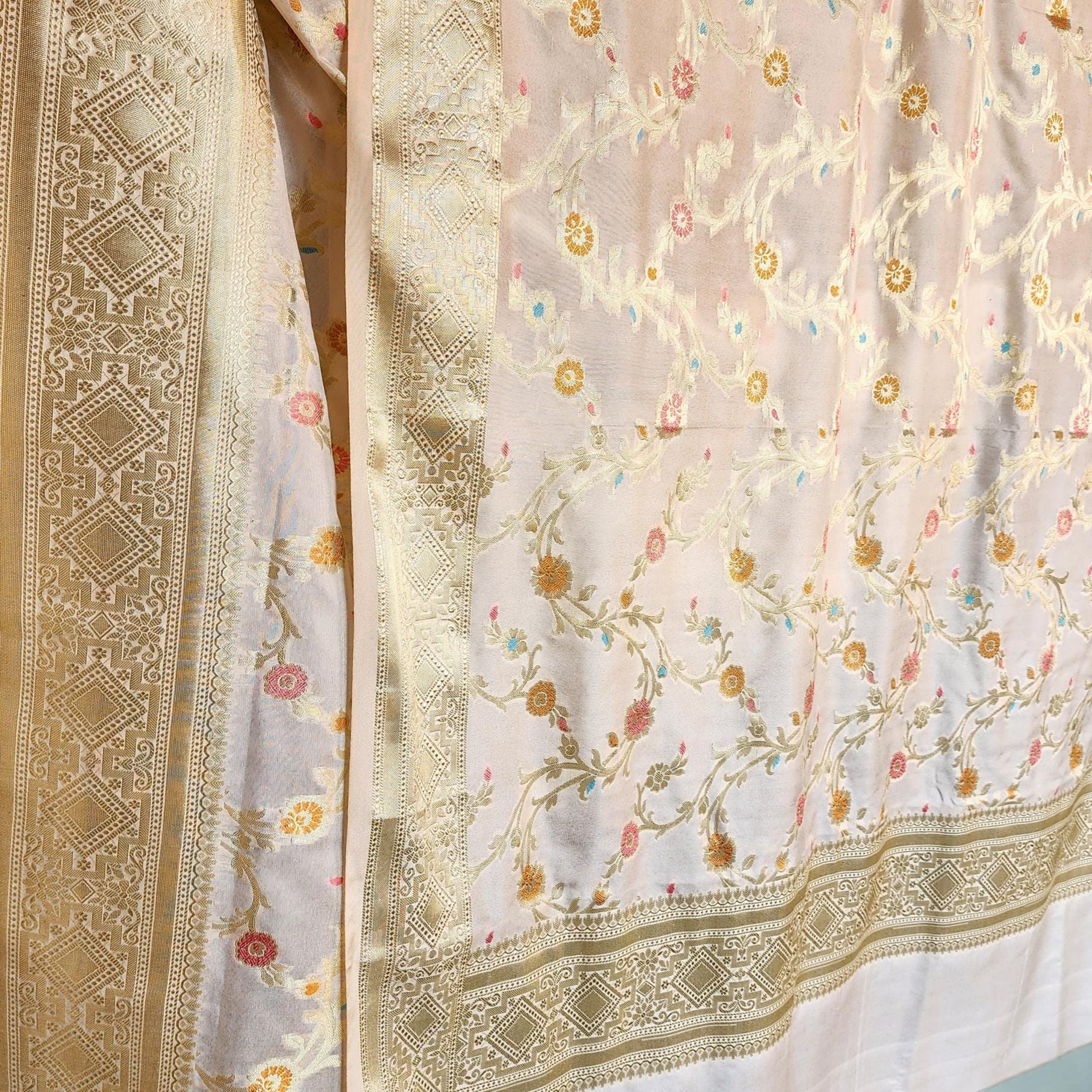Cream Banarasi Silk Dupatta with Rich Gold Zari Border and Multicolor Meenakari
