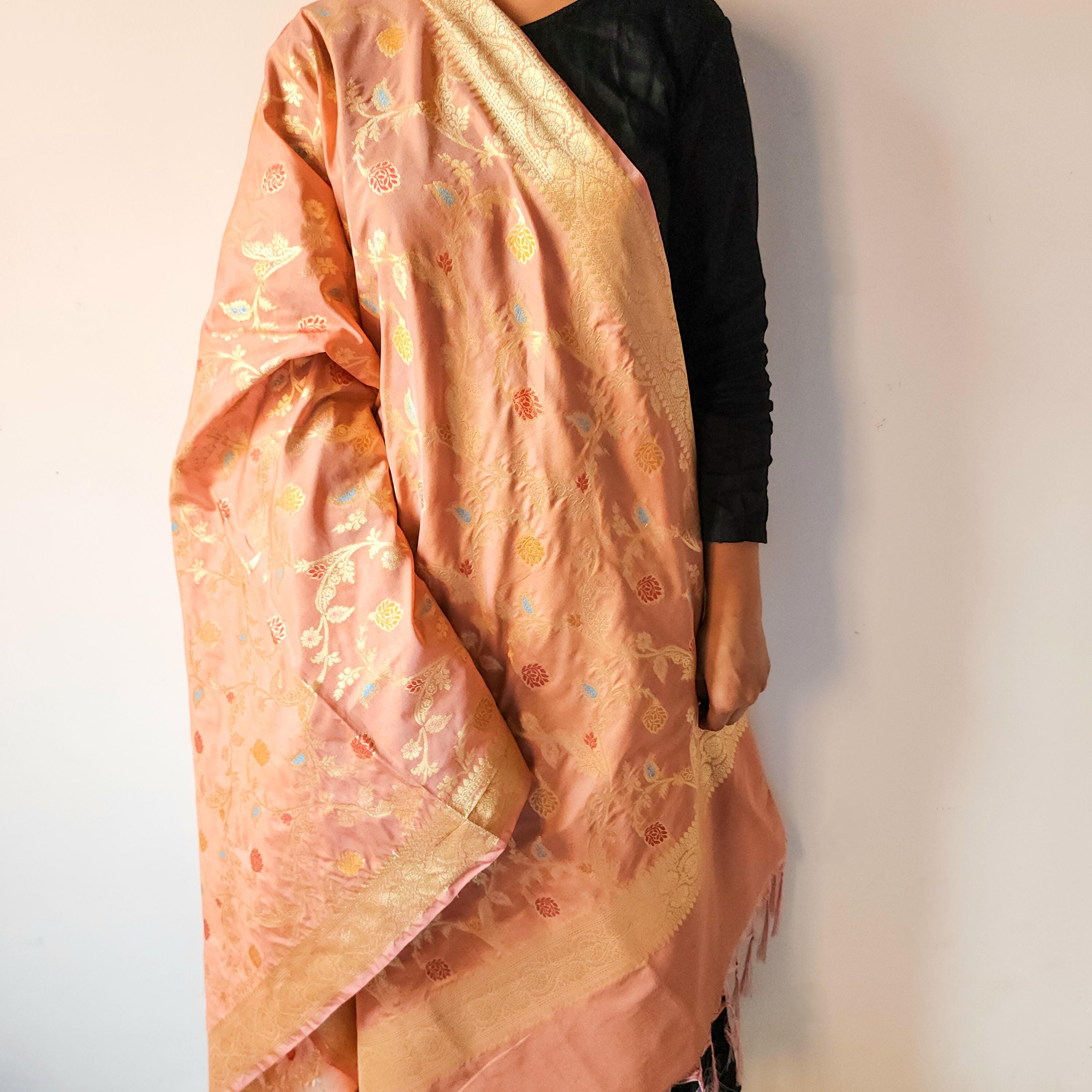 Peach Banarasi Silk Dupatta with Gold Zari Border & Multicolor Meenakari Work