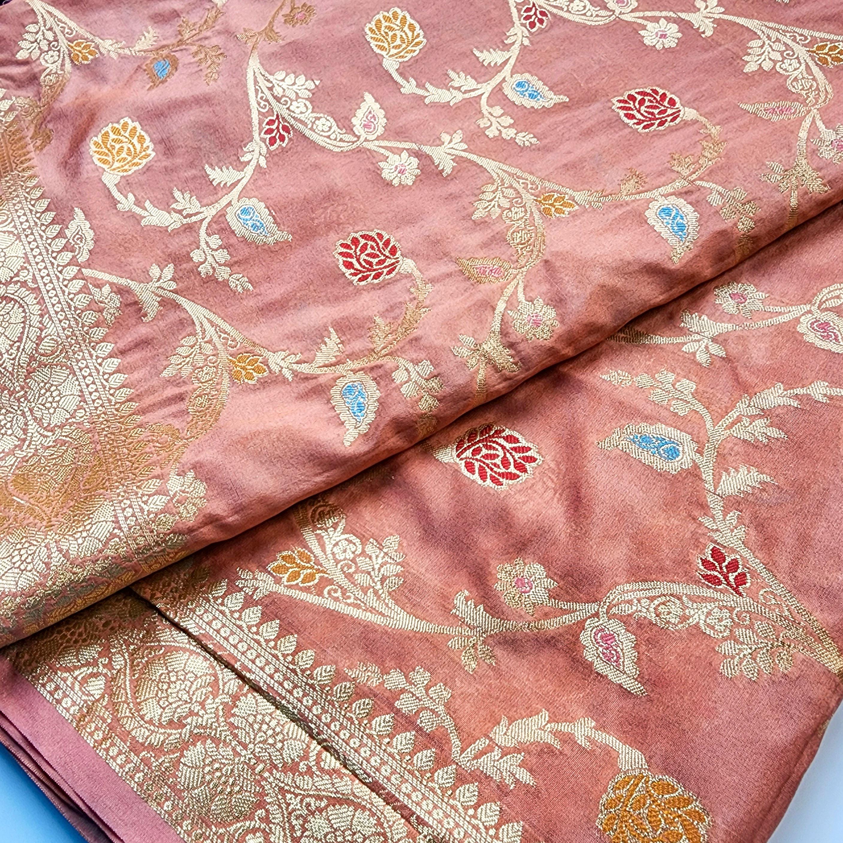 Peach Banarasi Silk Dupatta with Gold Zari Border & Multicolor Meenakari Work