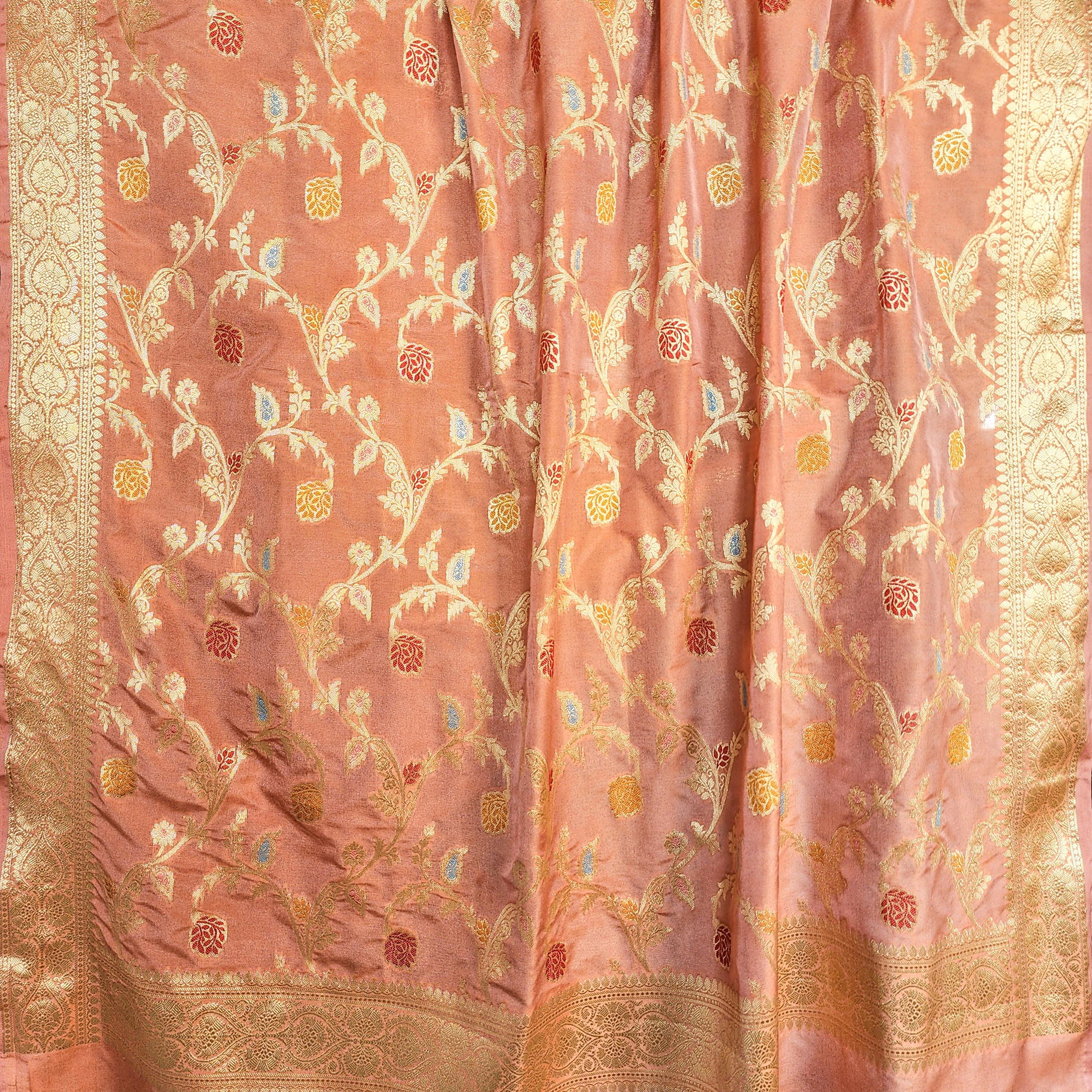 Peach Banarasi Silk Dupatta with Gold Zari Border & Multicolor Meenakari Work