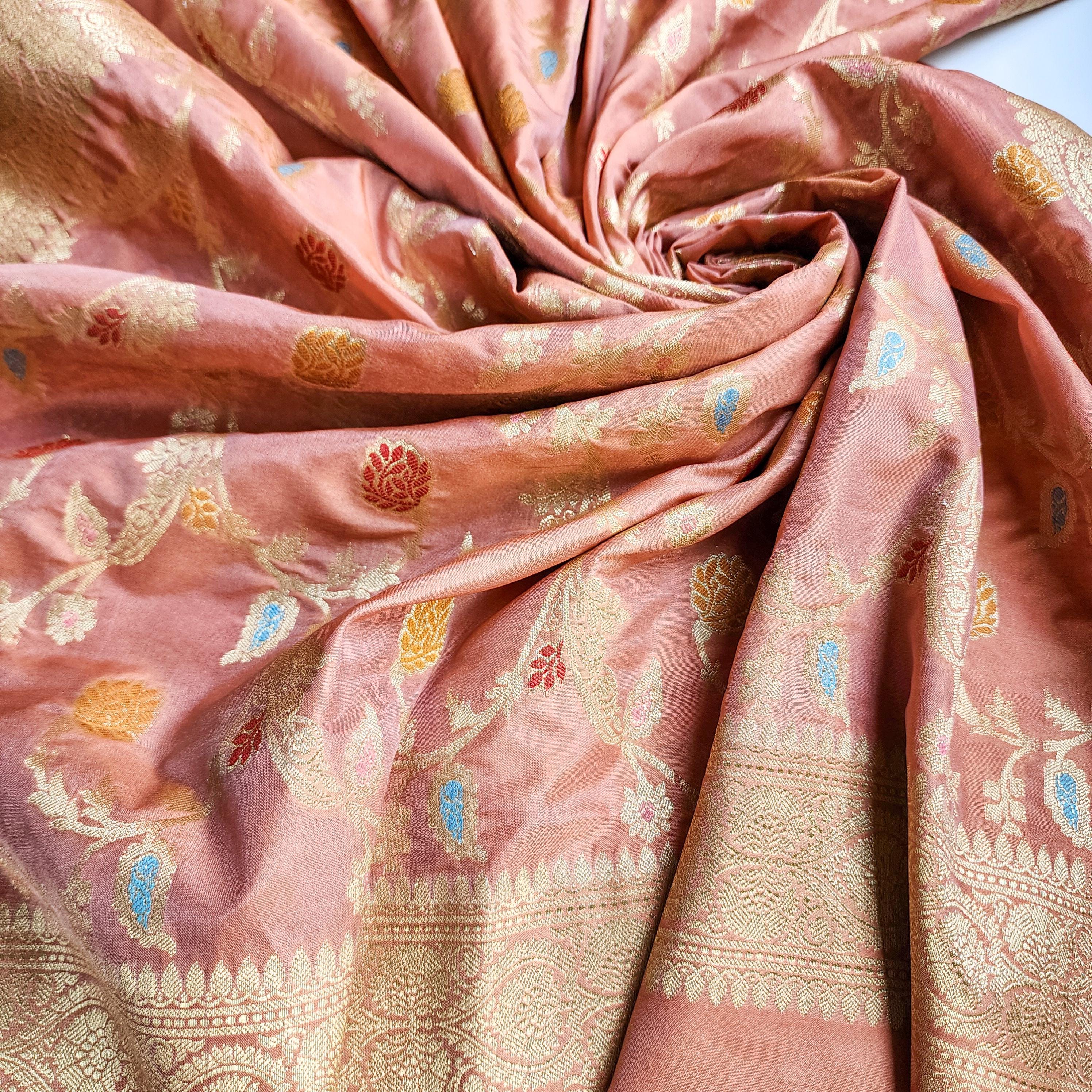 Peach Banarasi Silk Dupatta with Gold Zari Border & Multicolor Meenakari Work