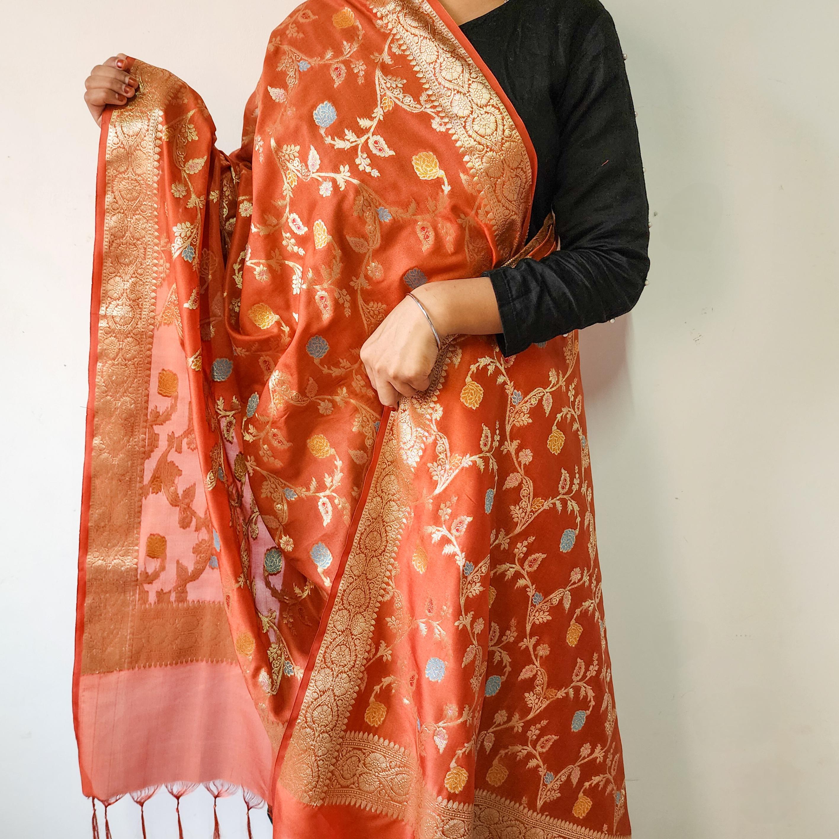 Rust Orange Banarasi Silk Dupatta with Gold Zari Border & Multicolor Meenakari Work