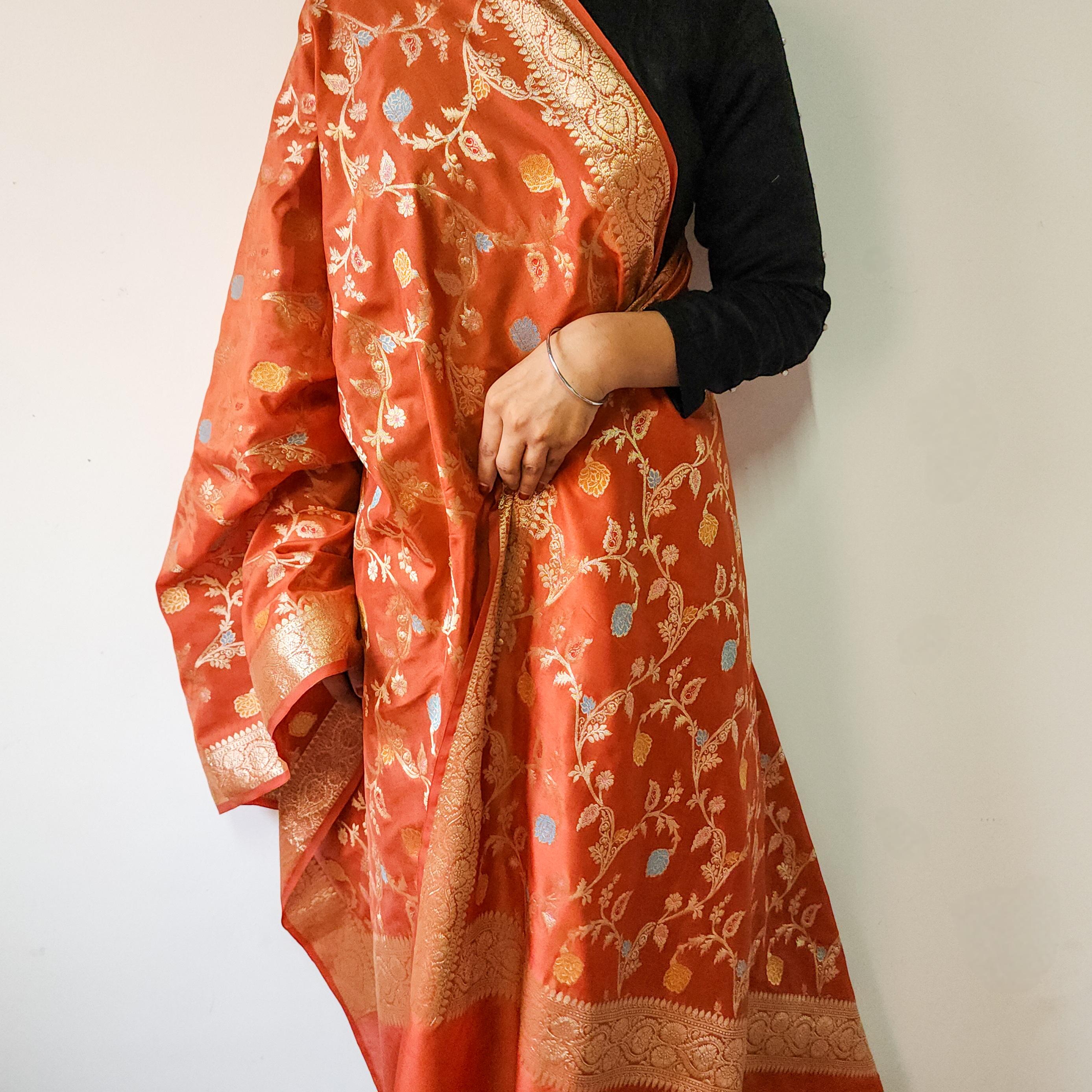 Rust Orange Banarasi Silk Dupatta with Gold Zari Border & Multicolor Meenakari Work