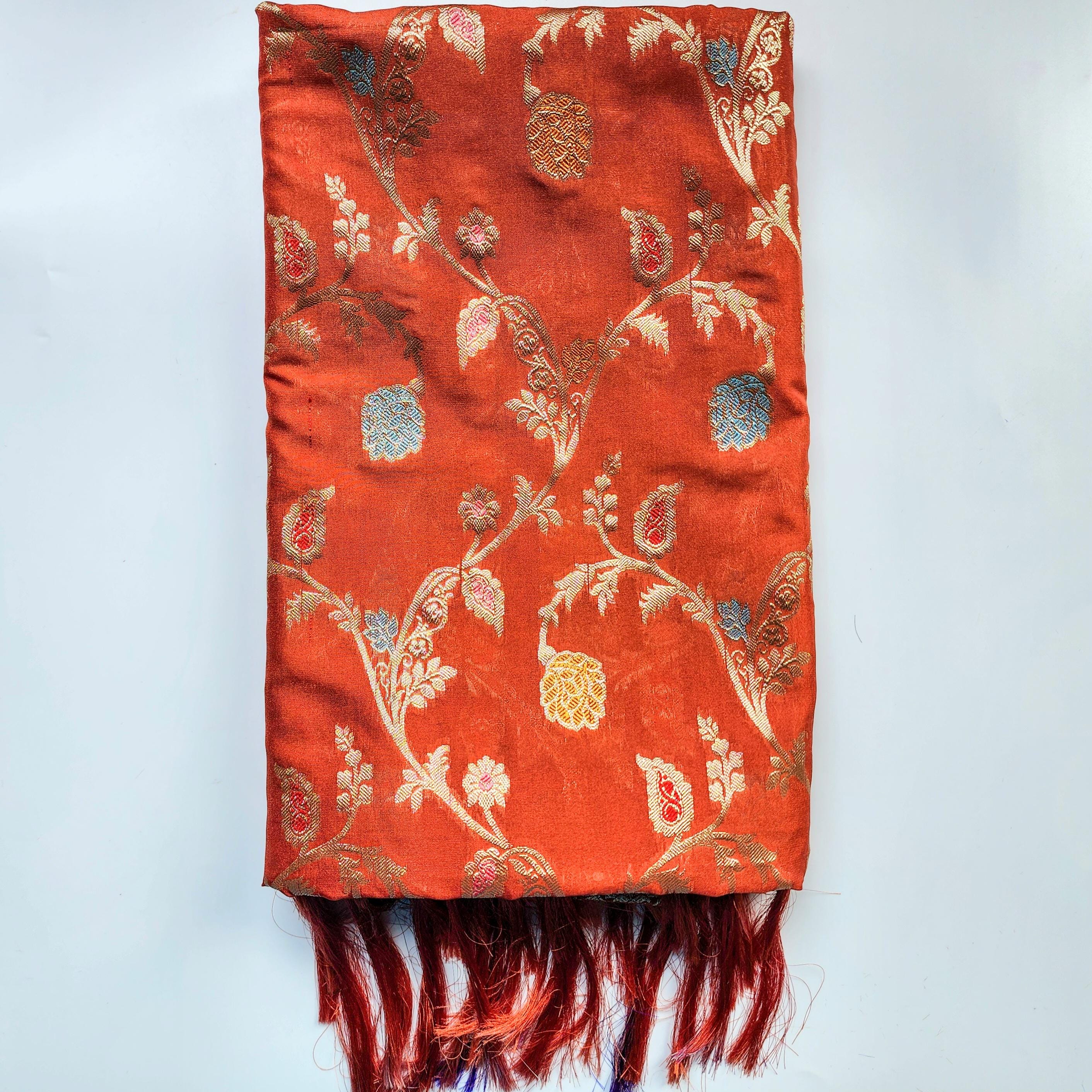 Rust Orange Banarasi Silk Dupatta with Gold Zari Border & Multicolor Meenakari Work