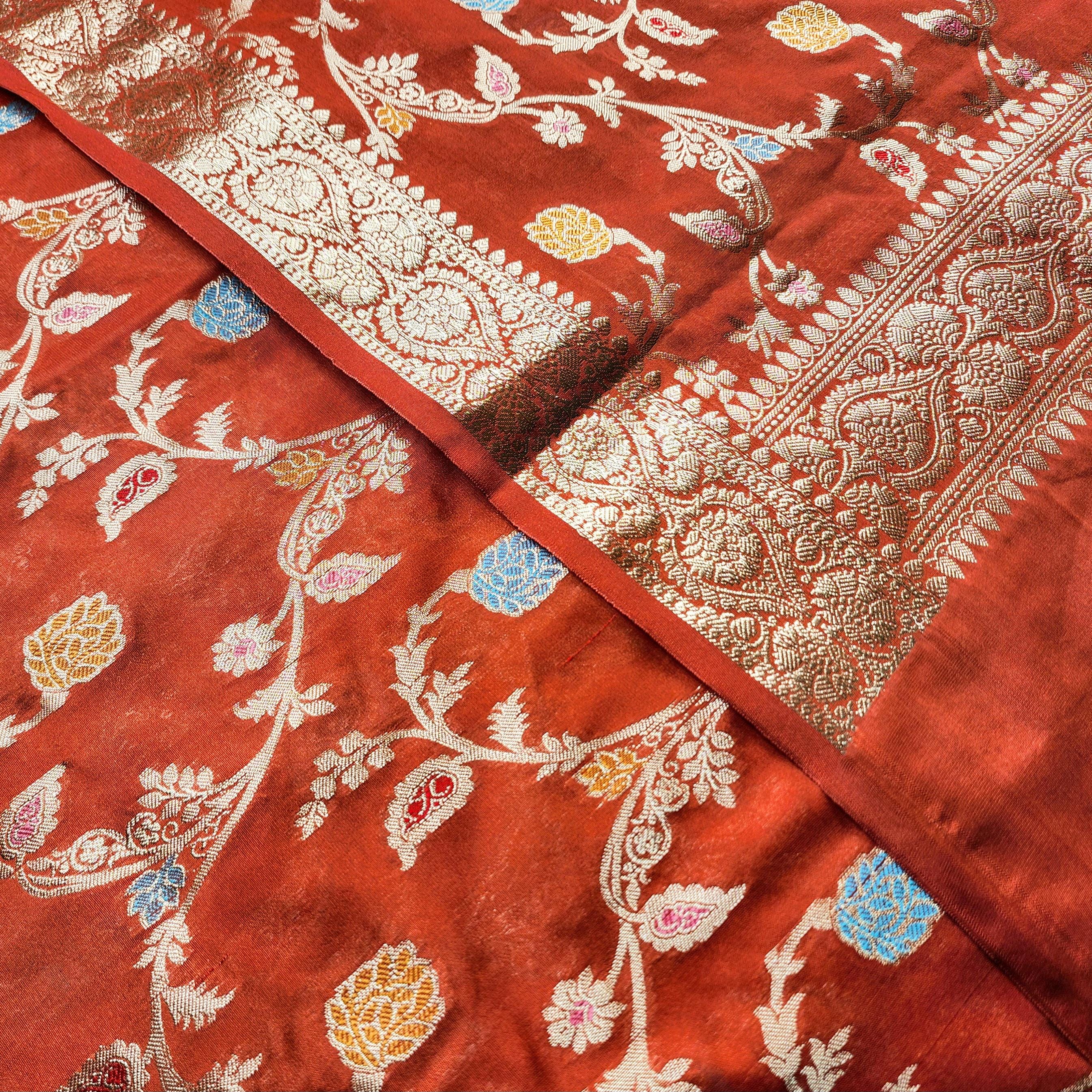 Rust Orange Banarasi Silk Dupatta with Gold Zari Border & Multicolor Meenakari Work