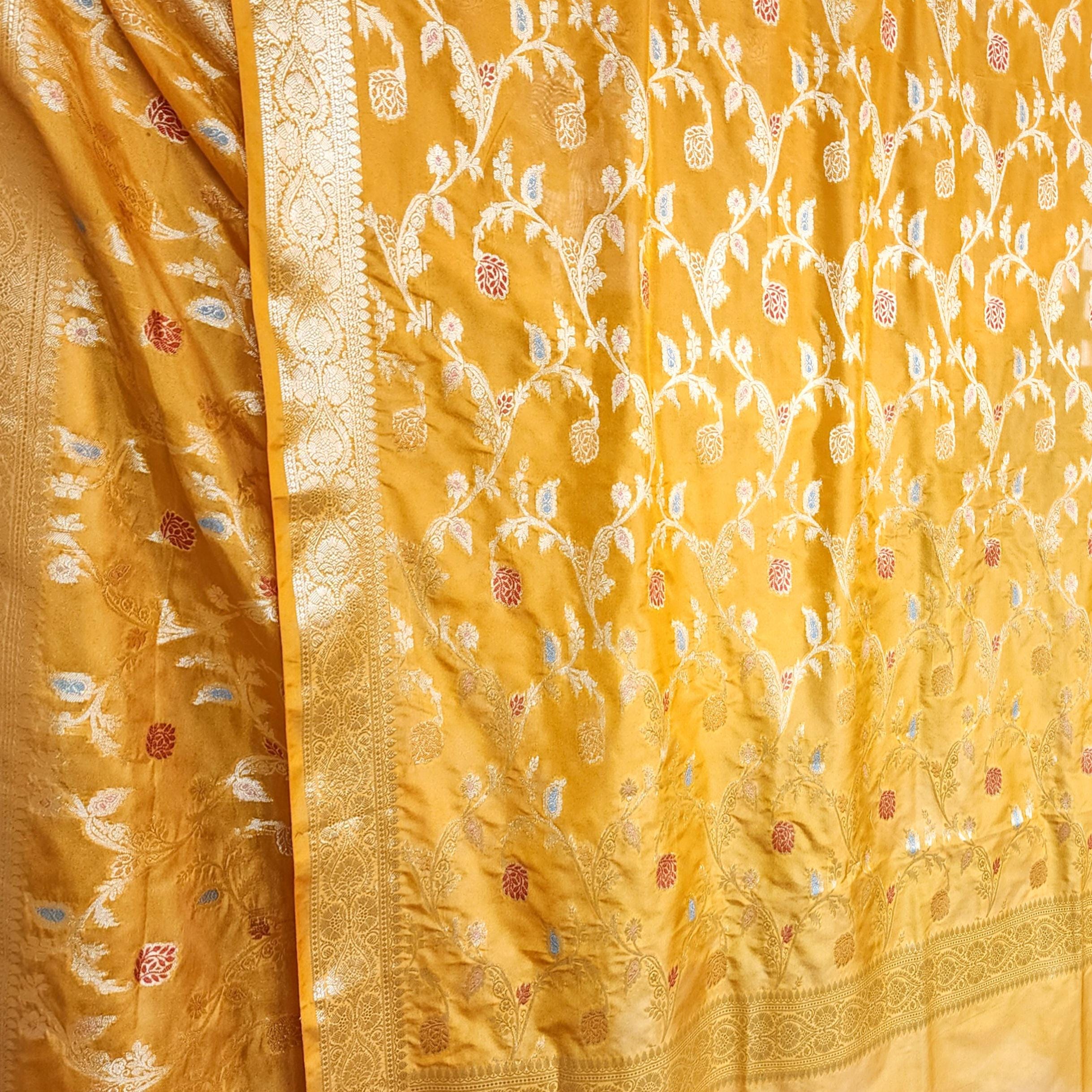 Golden Yellow Banarasi Silk Dupatta with Gold Zari Border & Multicolor Meenakari Work