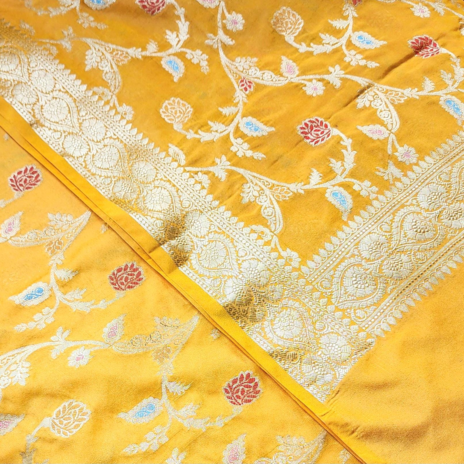 Golden Yellow Banarasi Silk Dupatta with Gold Zari Border & Multicolor Meenakari Work