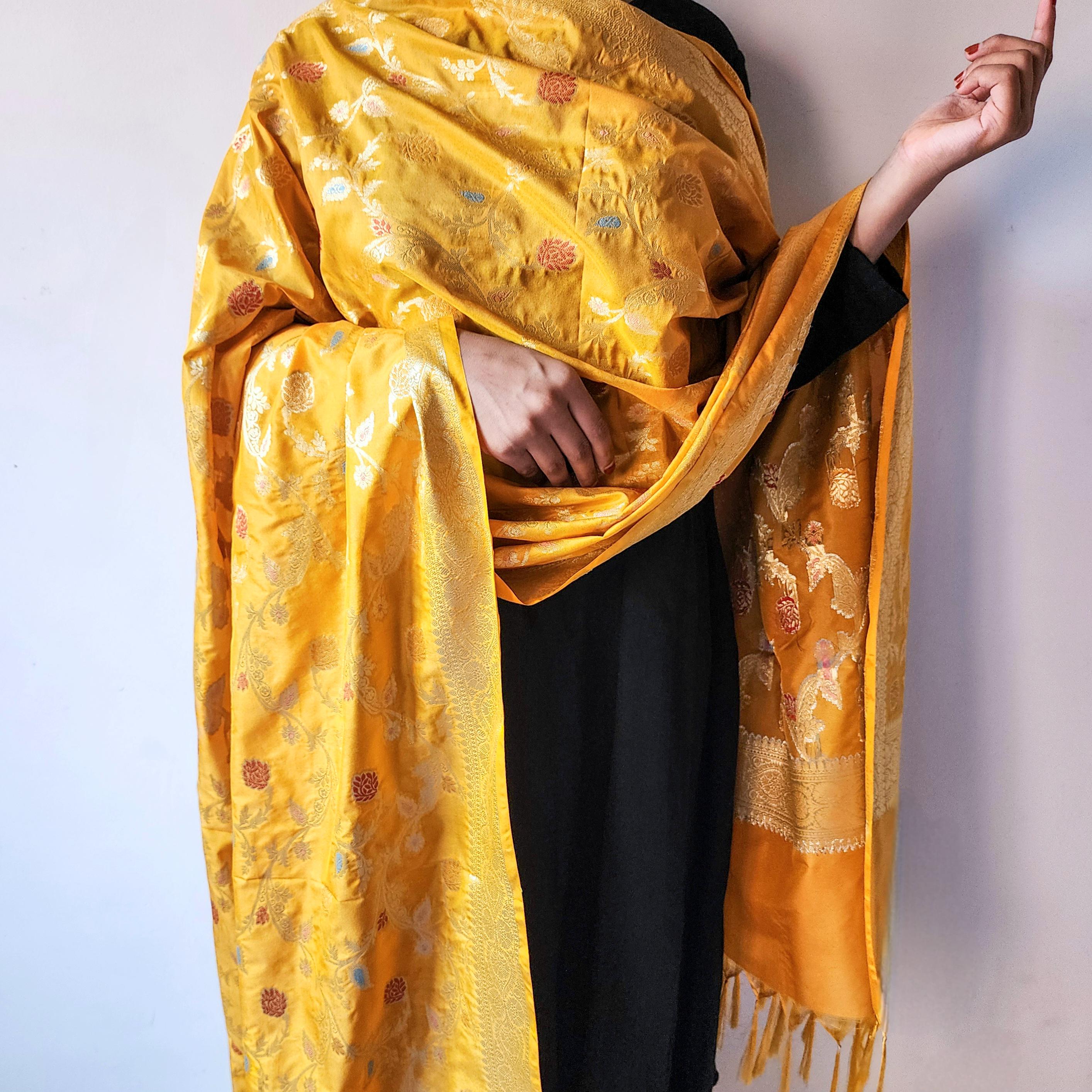 Golden Yellow Banarasi Silk Dupatta with Multicolor Meenakari Work and Zari Border