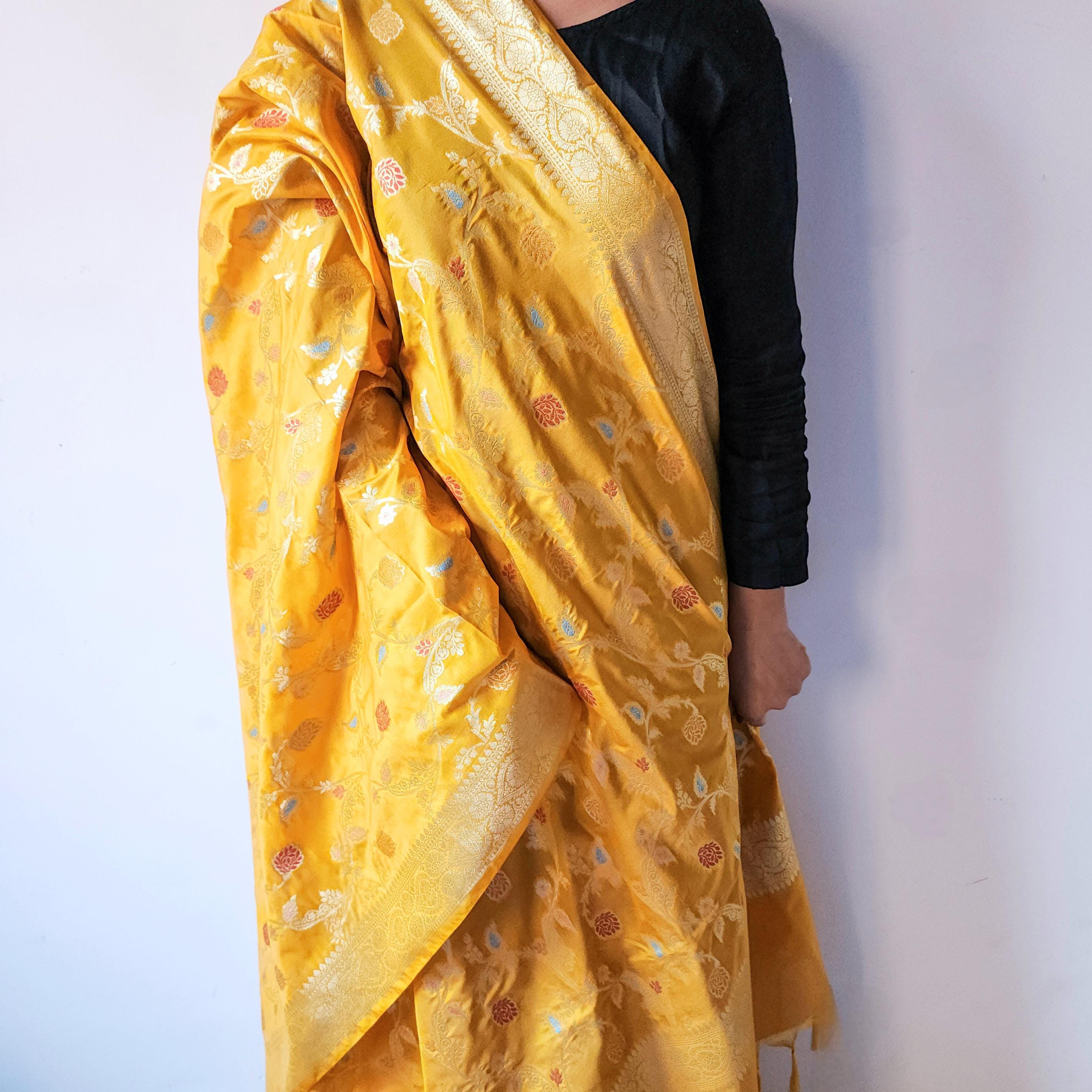 Golden Yellow Banarasi Silk Dupatta with Gold Zari Border & Multicolor Meenakari Work