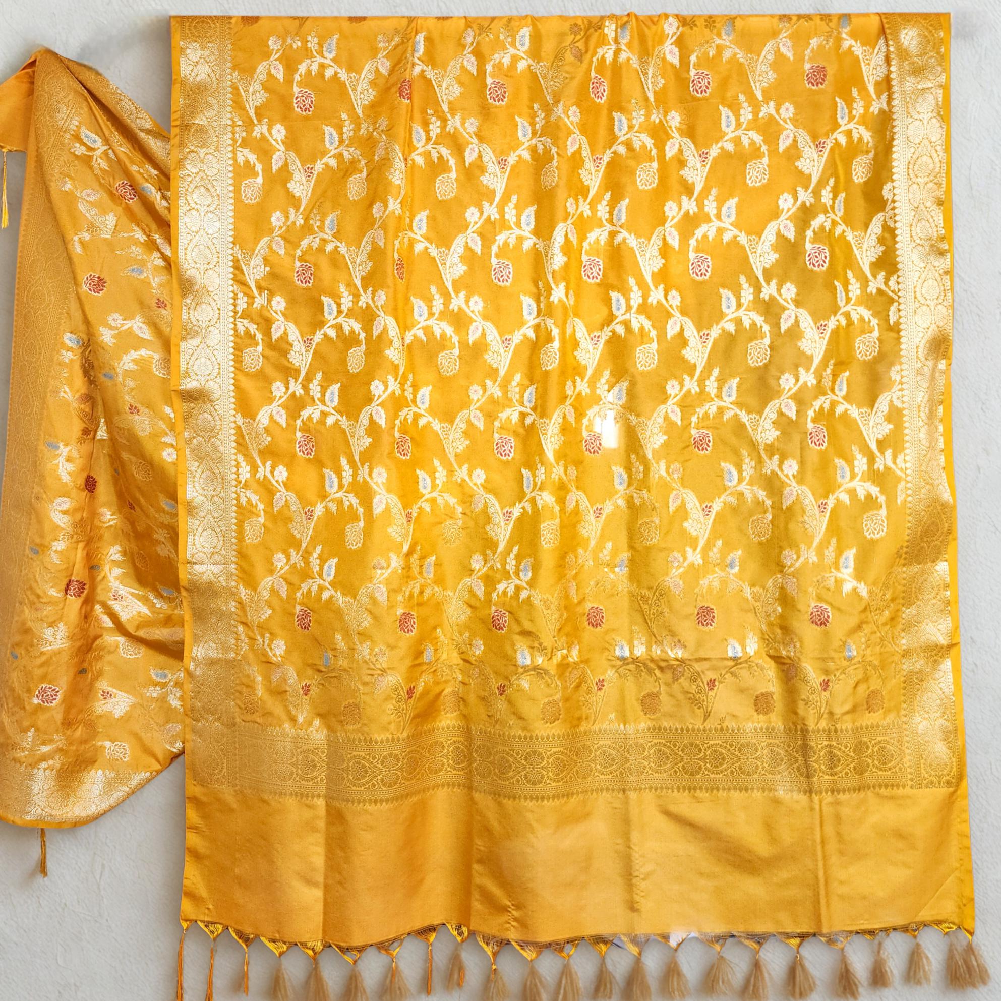 Golden Yellow Banarasi Silk Dupatta with Gold Zari Border & Multicolor Meenakari Work