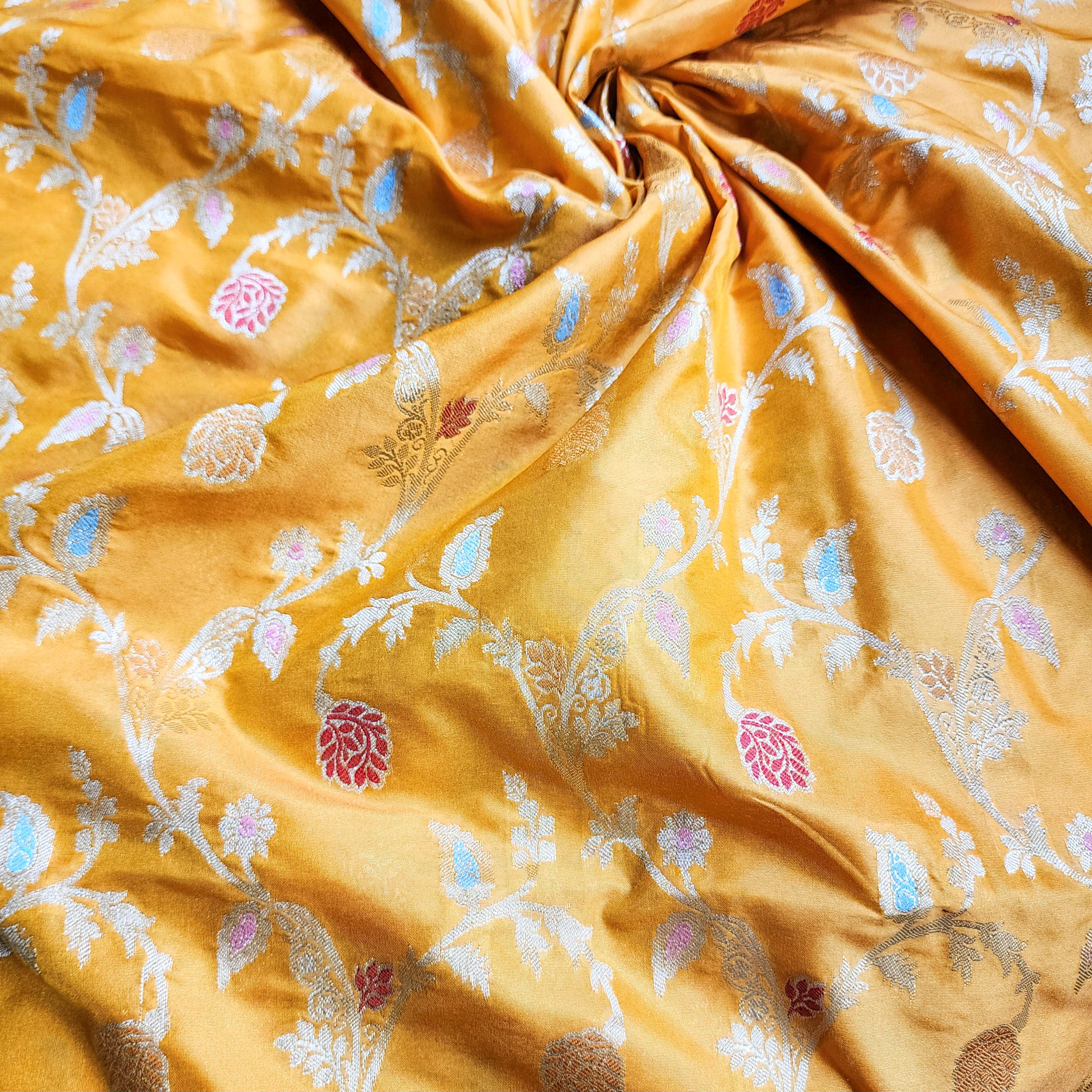 Golden Yellow Banarasi Silk Dupatta with Gold Zari Border & Multicolor Meenakari Work