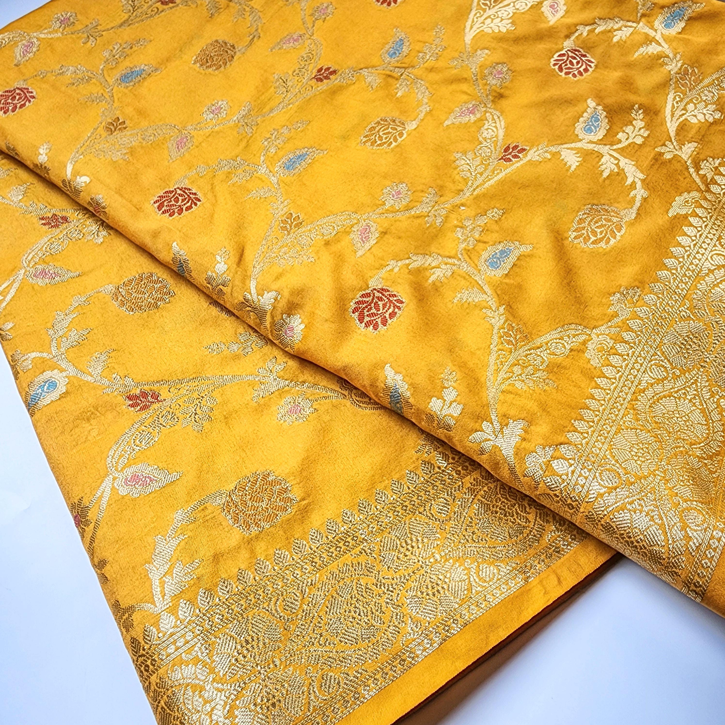 Golden Yellow Banarasi Silk Dupatta with Multicolor Meenakari Work and Zari Border
