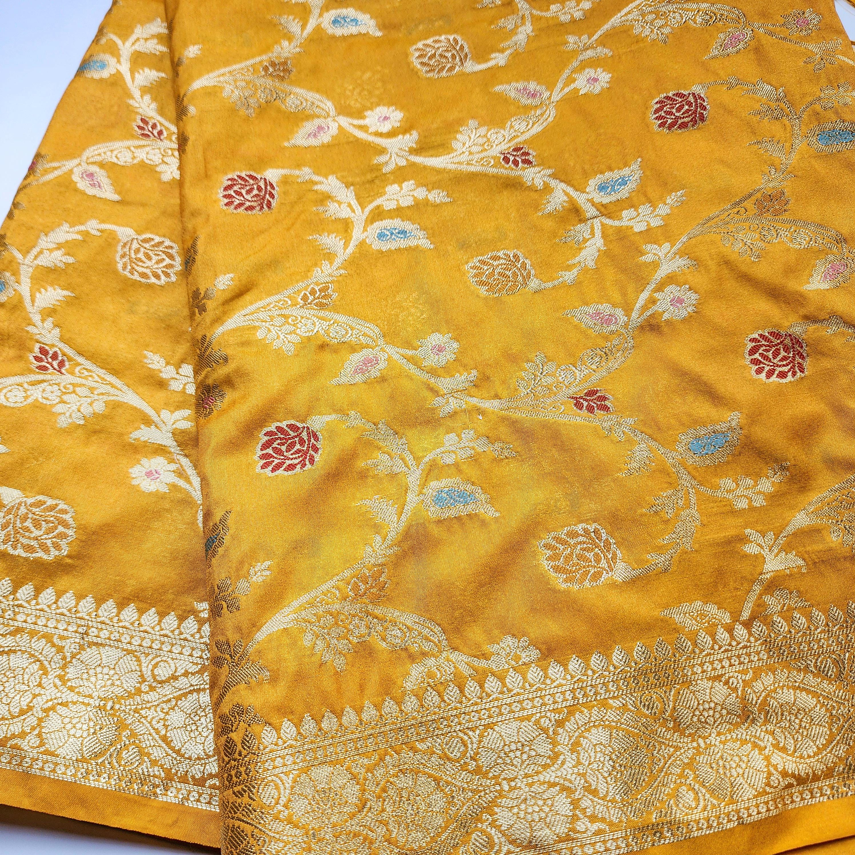 Golden Yellow Banarasi Silk Dupatta with Gold Zari Border & Multicolor Meenakari Work